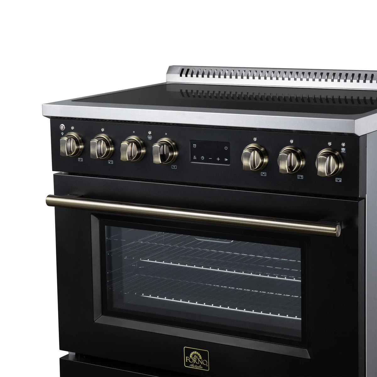 Black induction range with brass control knobs and stainless cooktop panel, oven window