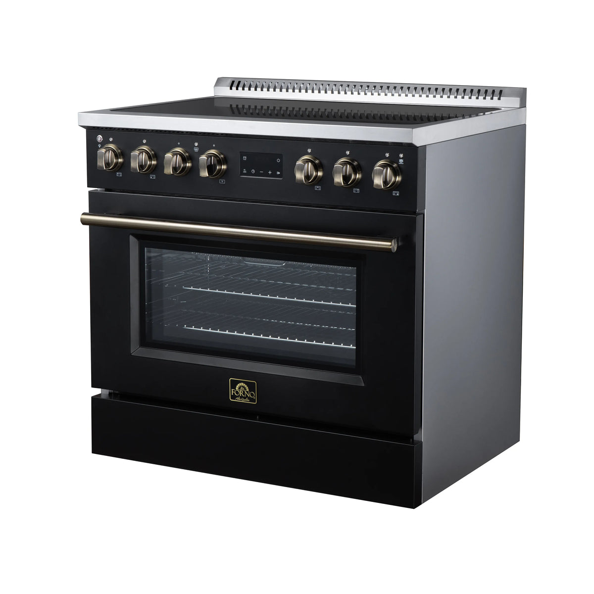 Black induction range with convection oven, stainless trim and brass knob control panel