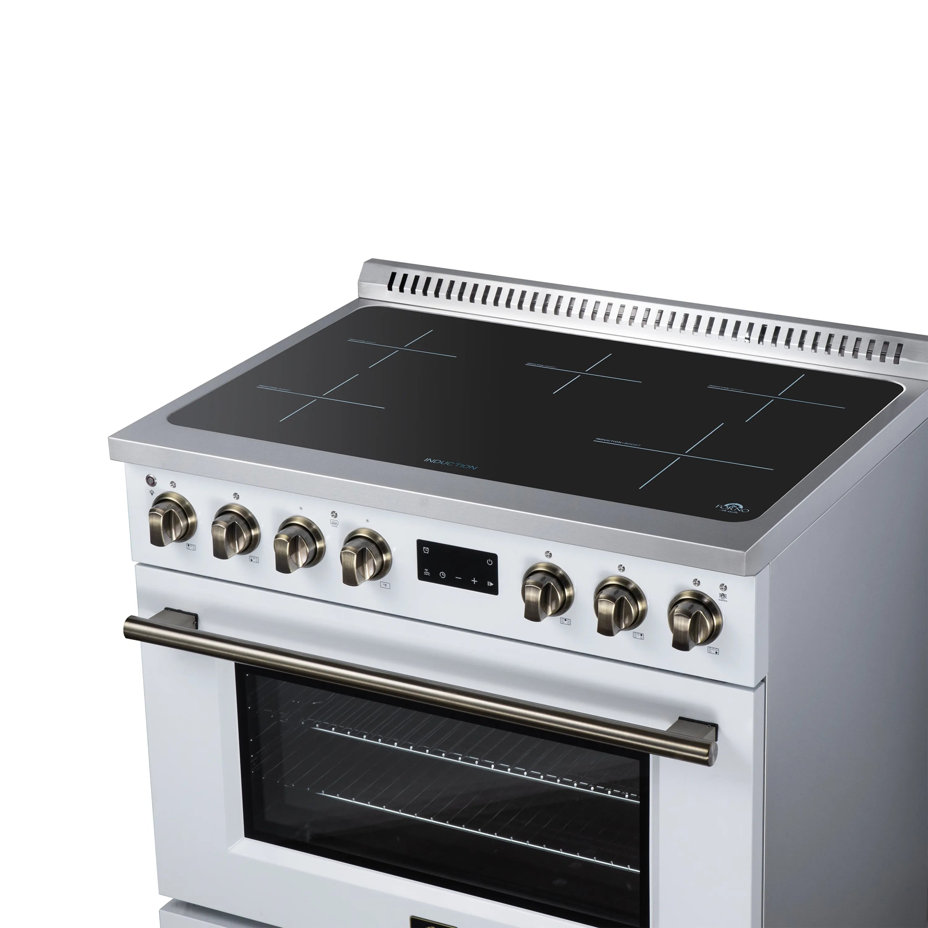 36-inch induction range with black glass cooktop and brass knob controls, built-in oven door