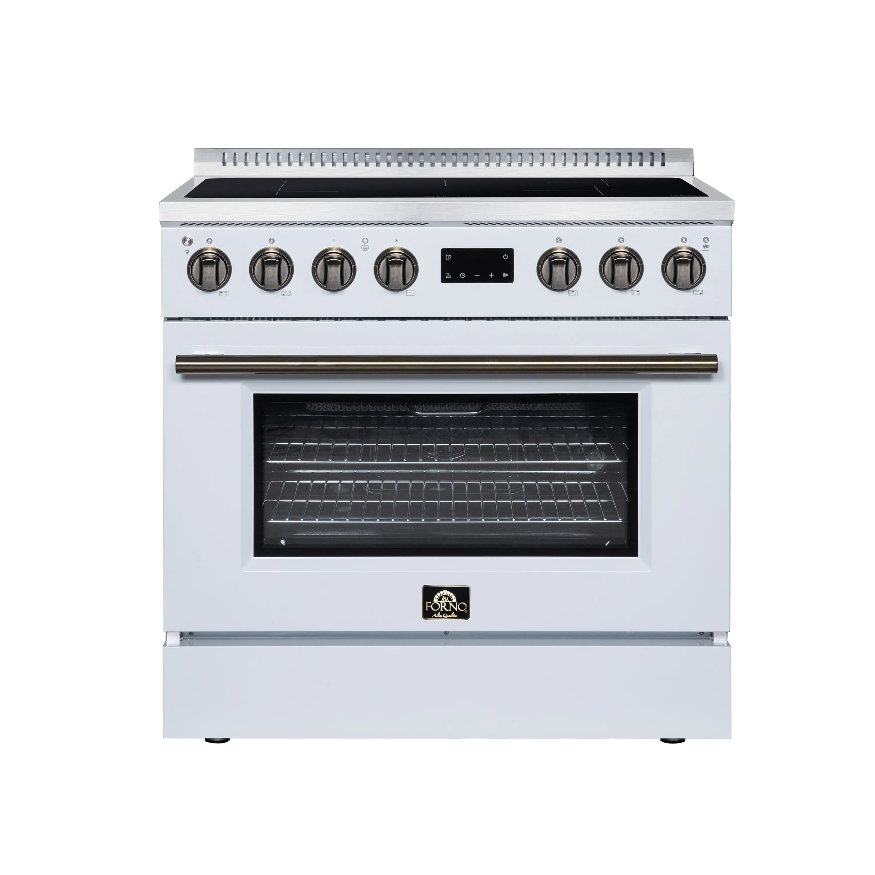 White induction range with black oven window and front control knobs, door closed.