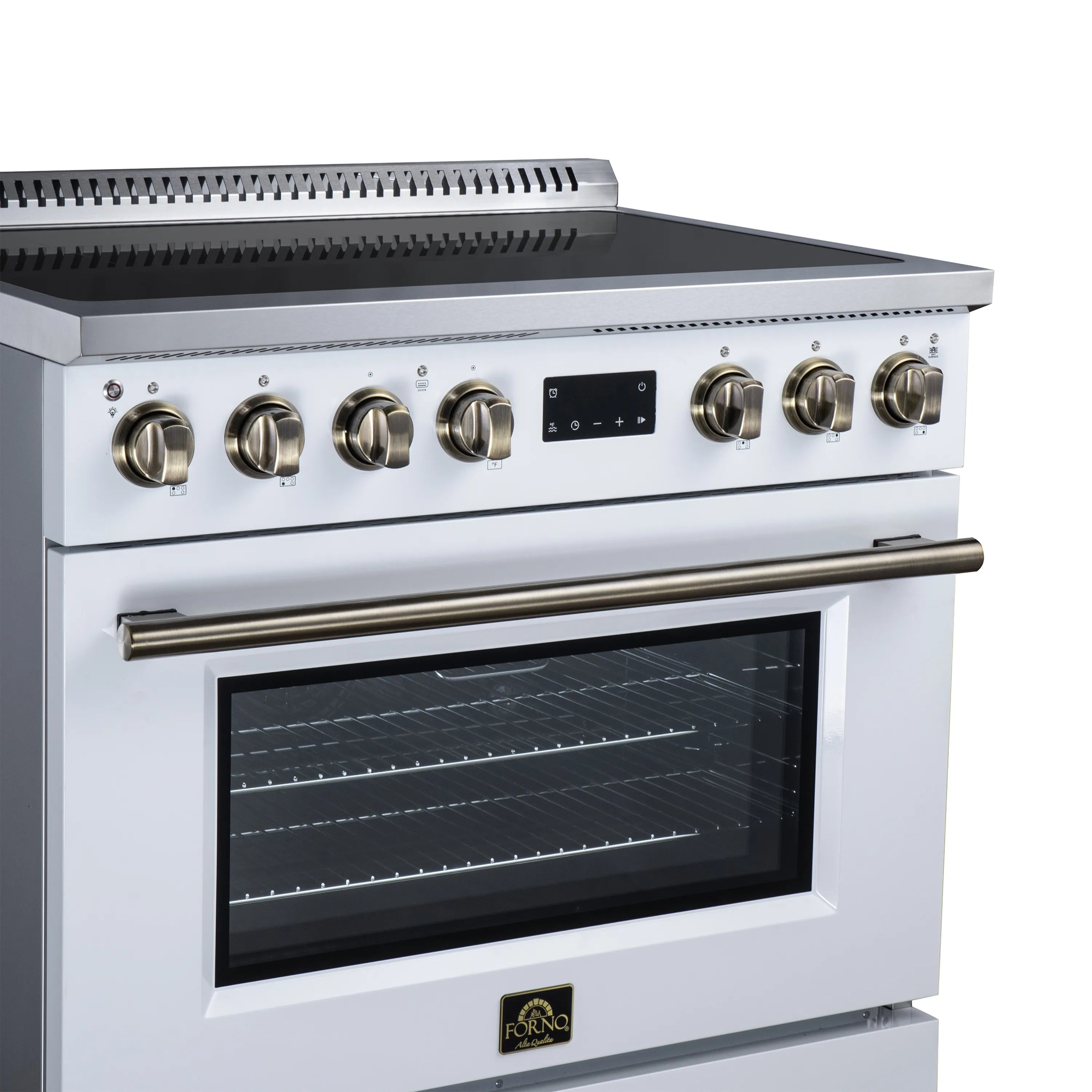 36-inch induction range close-up: brass knobs, black glass cooktop, and oven window