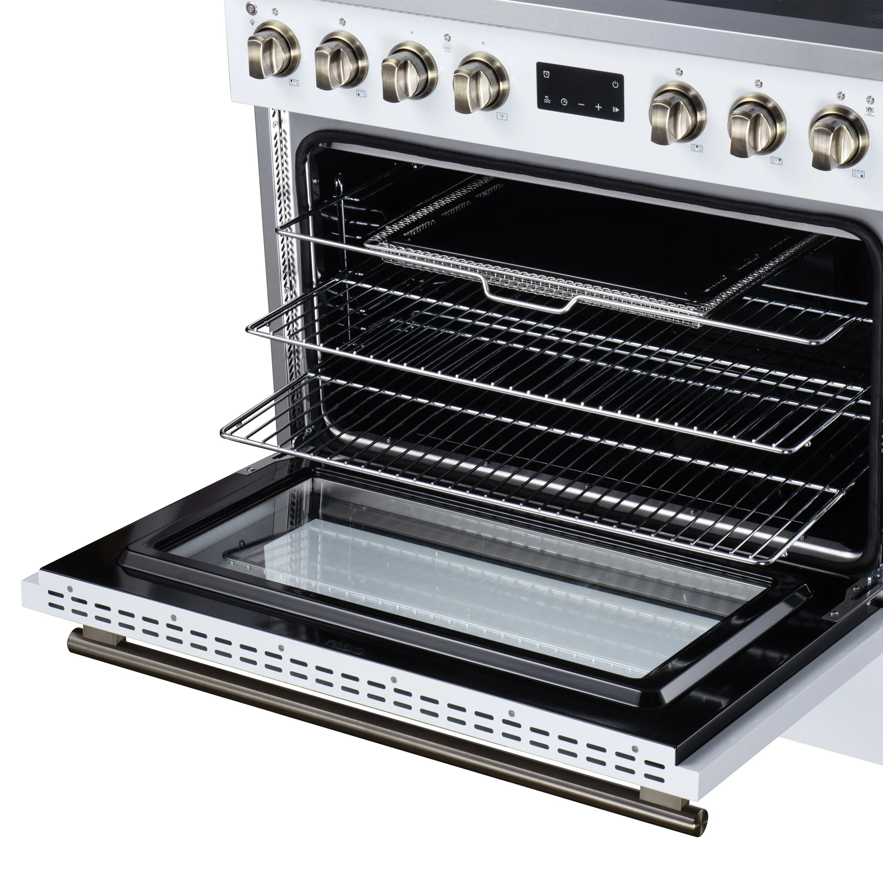 White induction range oven door open, showing black interior racks and heating element.