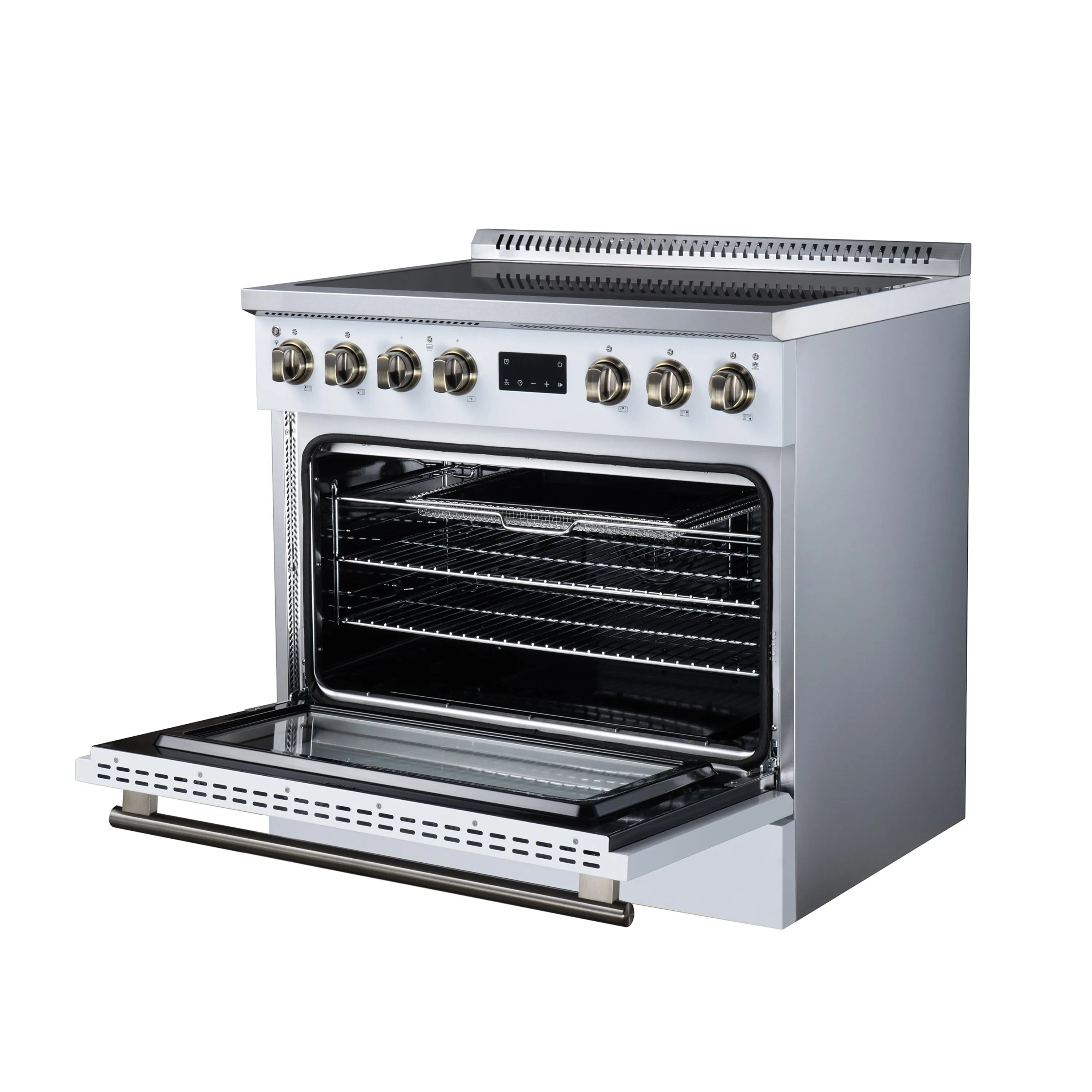 White induction range with oven door open, wire racks inside and brass-trim handle bar.
