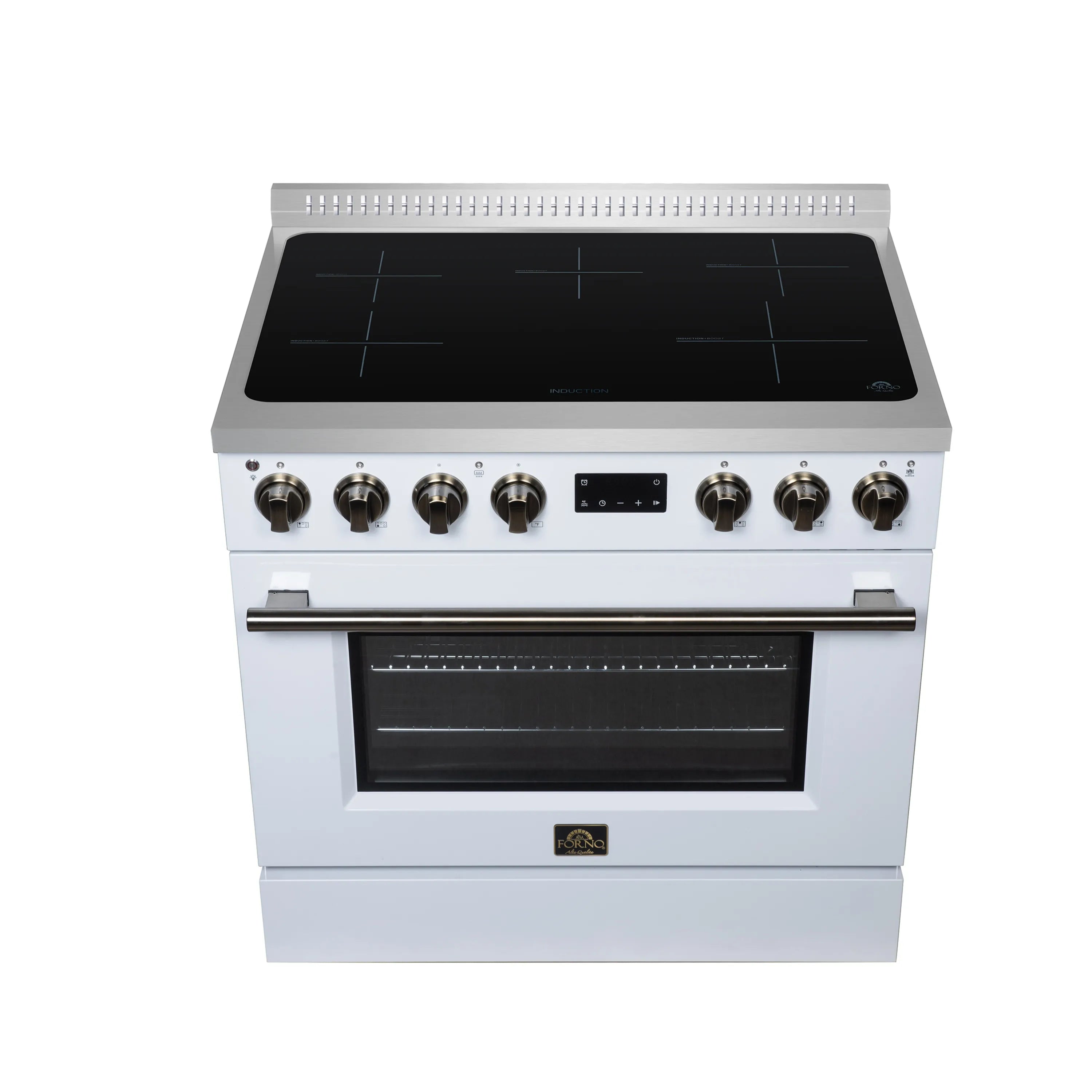 White induction range with black glass cooktop, front knob controls, and oven door closed.