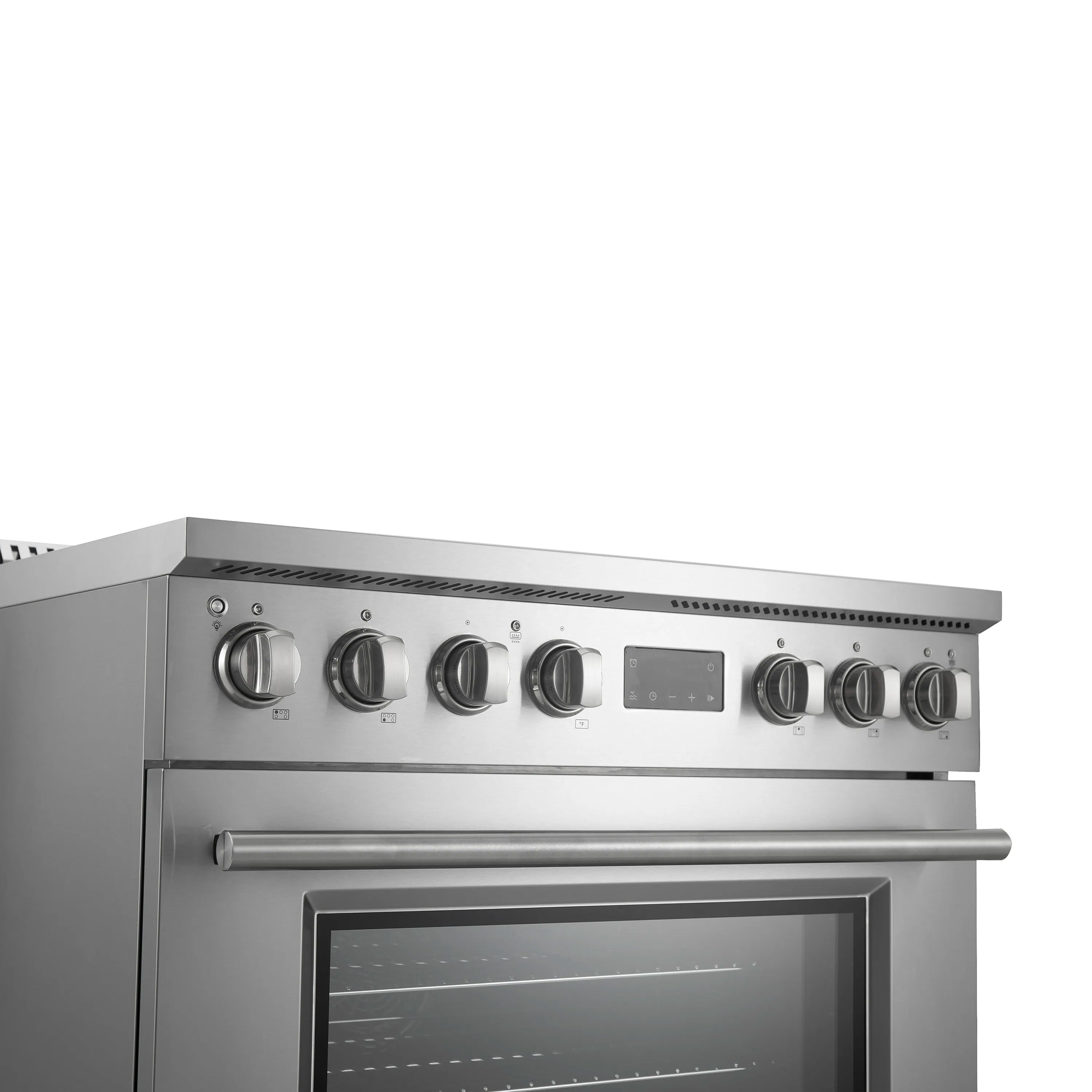 Stainless steel induction range control panel with knobs and display above the oven