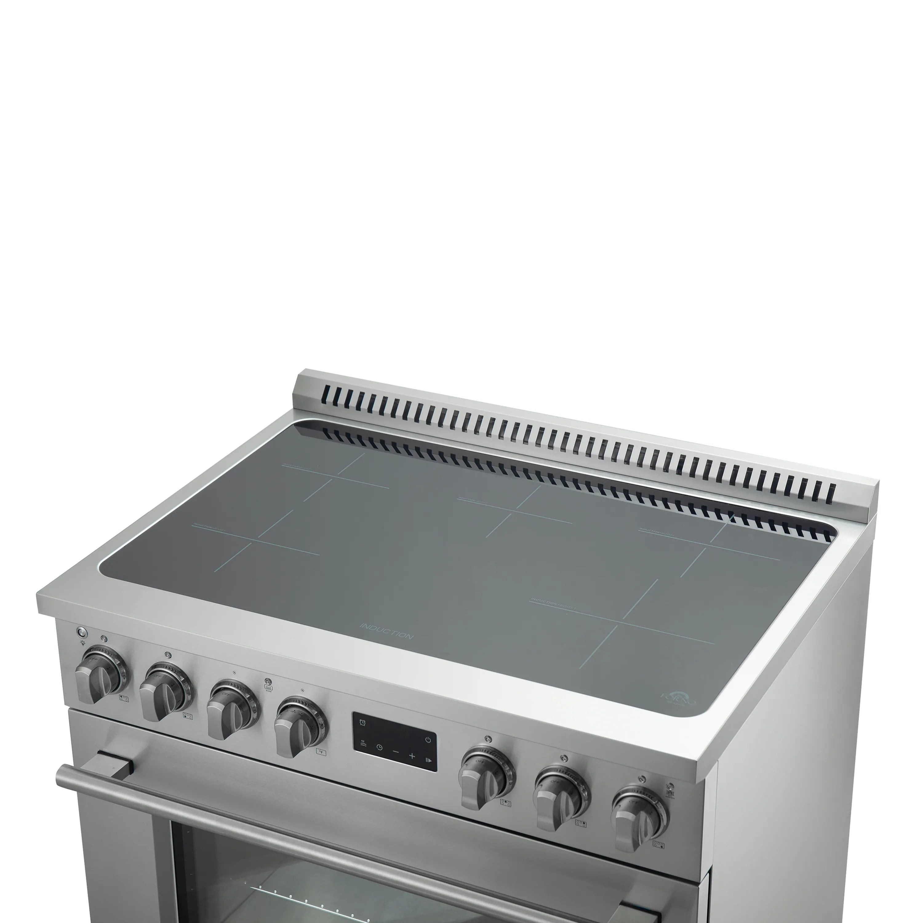 Stainless steel induction range angled view with black glass cooktop and knobs