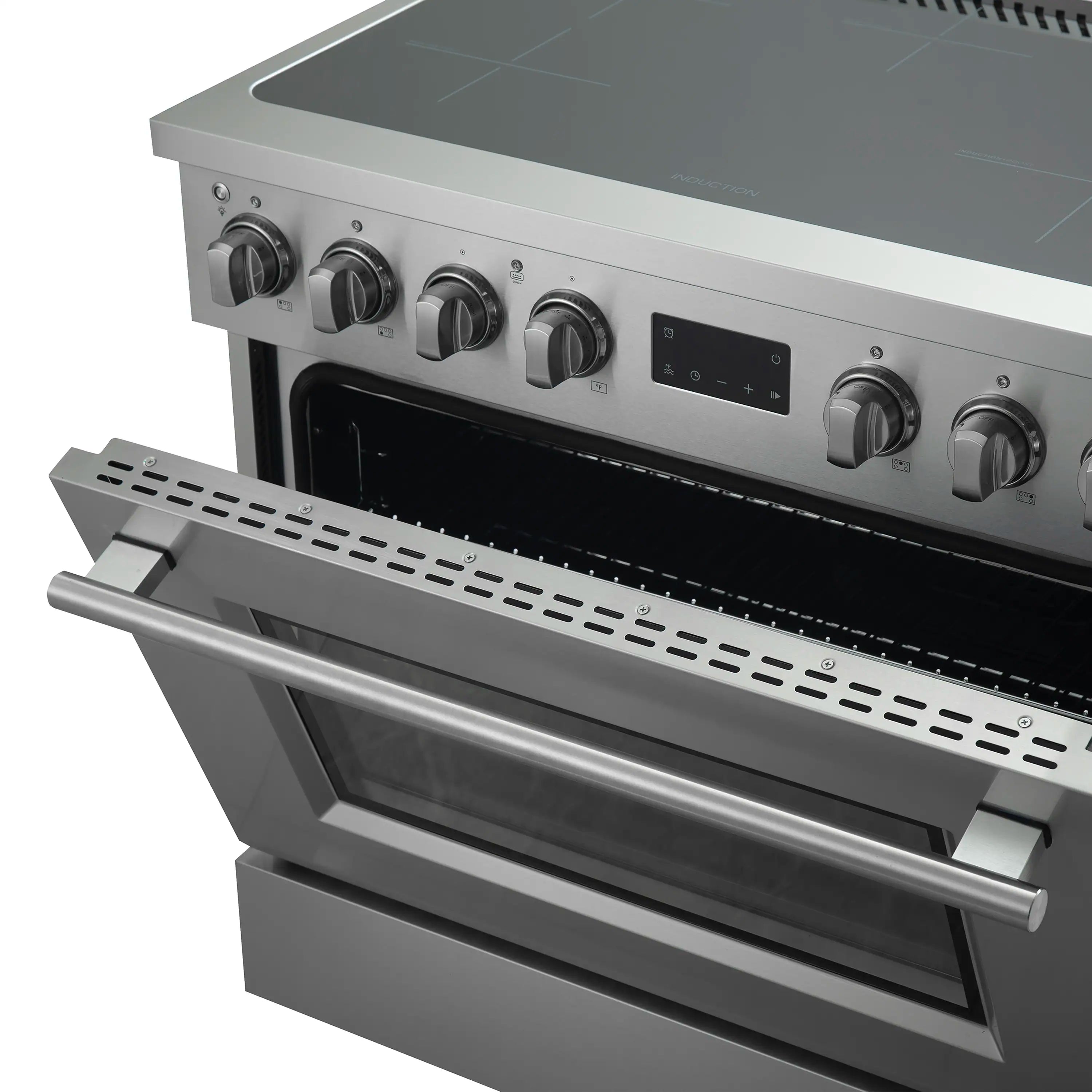 Induction range side view with front control knobs and open oven door drawer
