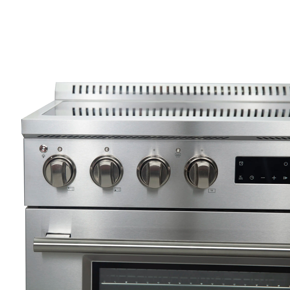 Stainless steel induction range control knobs with dark digital display