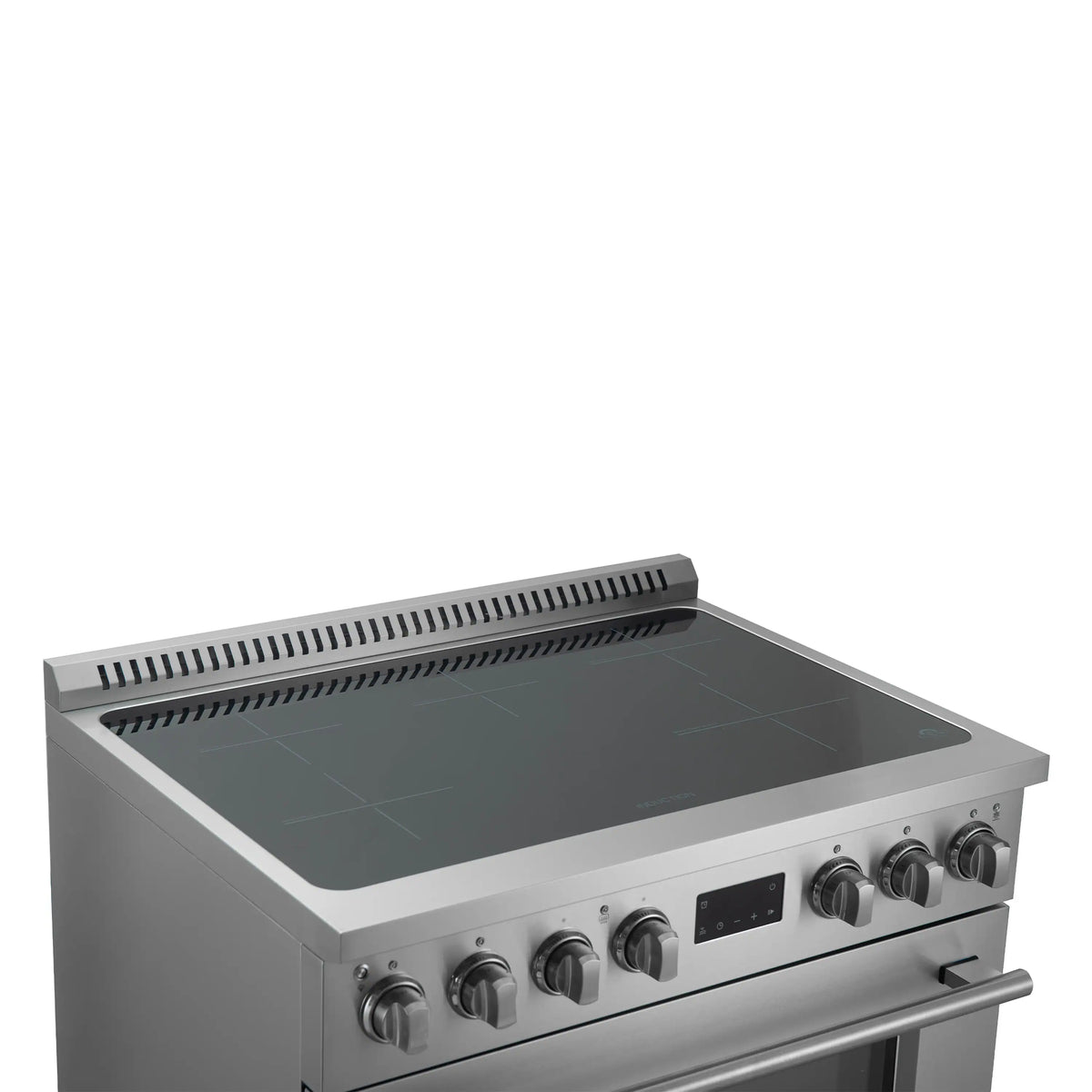 Stainless steel induction range with flat black cooktop and front control panel