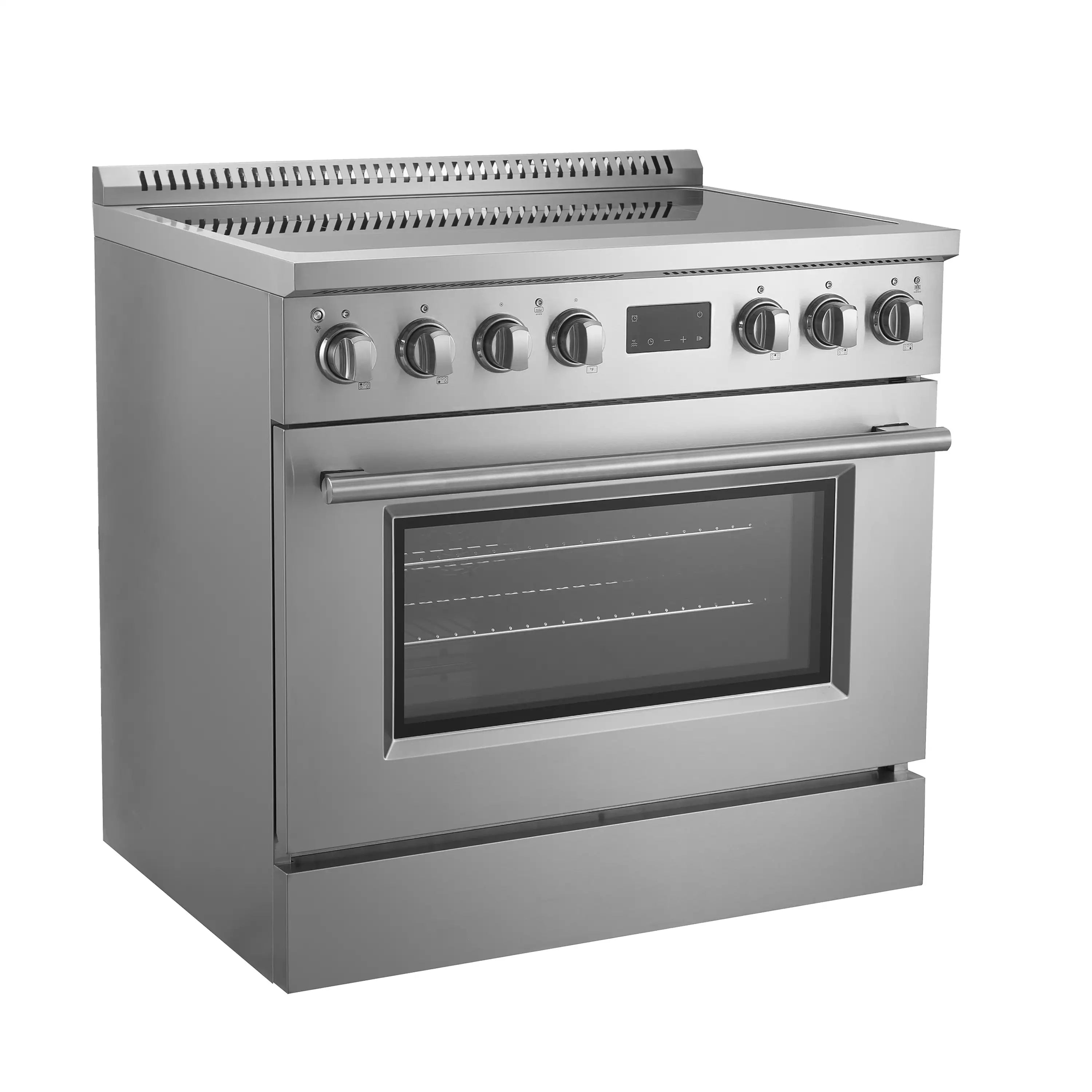 Stainless steel induction range with glass oven door, control knobs, and black cooktop