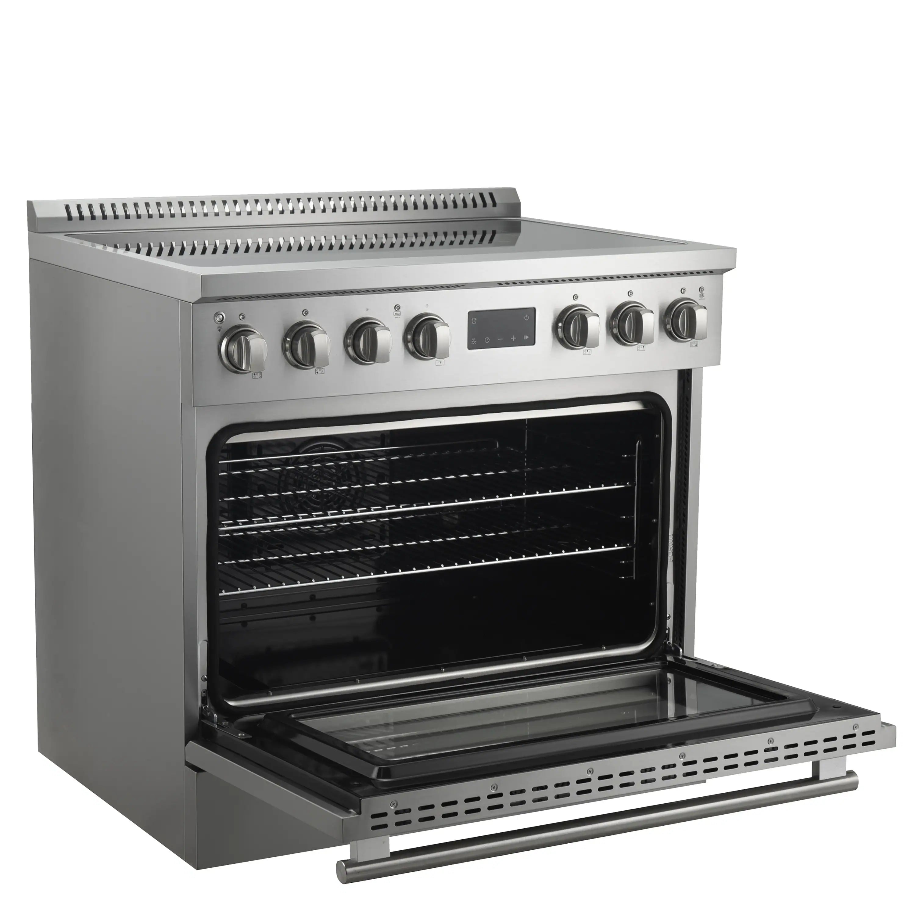 Stainless steel induction range with open oven door and visible baking racks