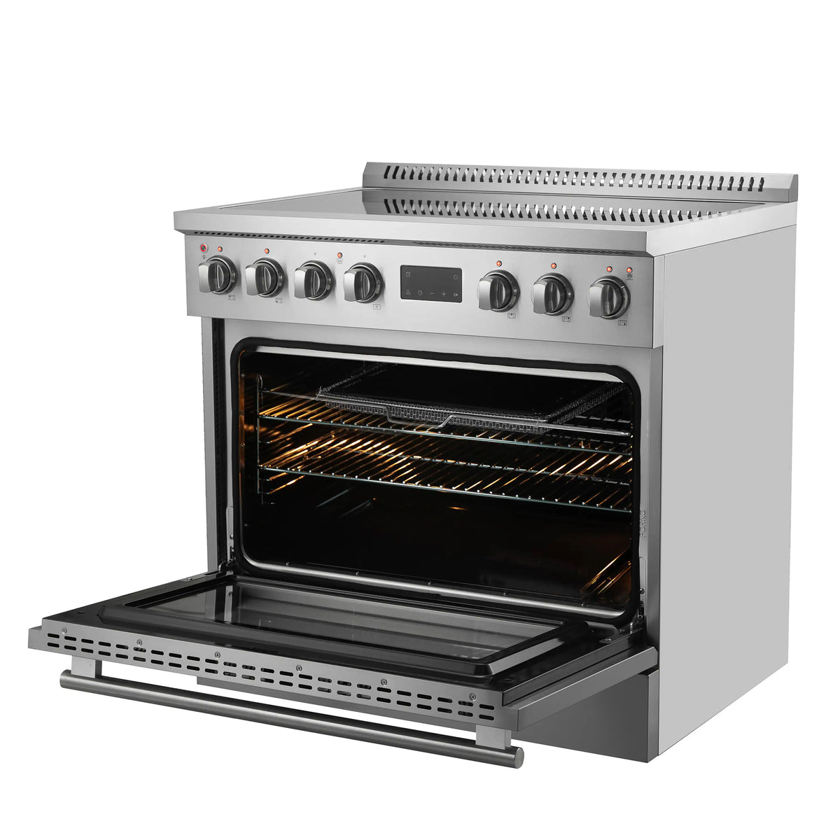 Stainless steel induction range with oven door open and heating elements glowing