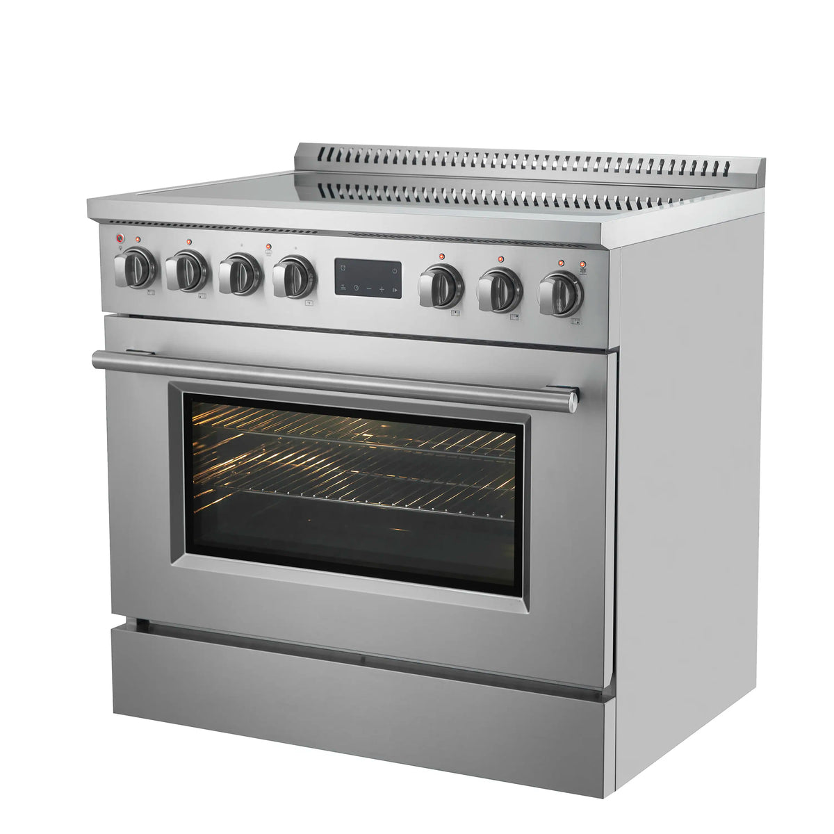 Stainless steel induction range with lit oven interior through the glass door