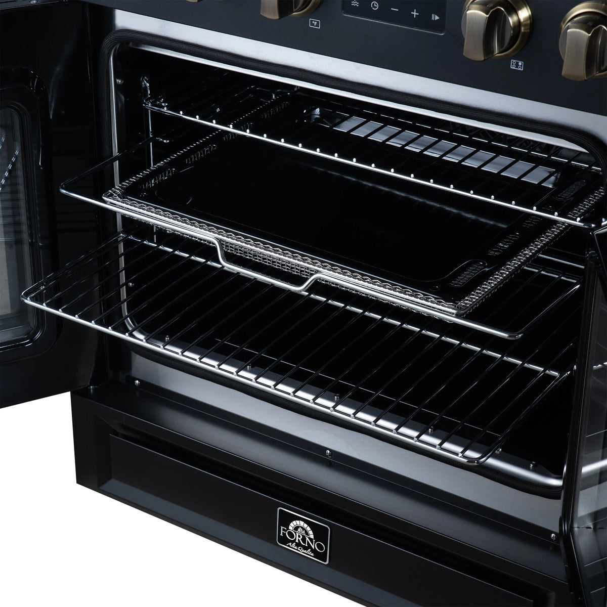 Black oven interior with wire racks and heating elements near the top