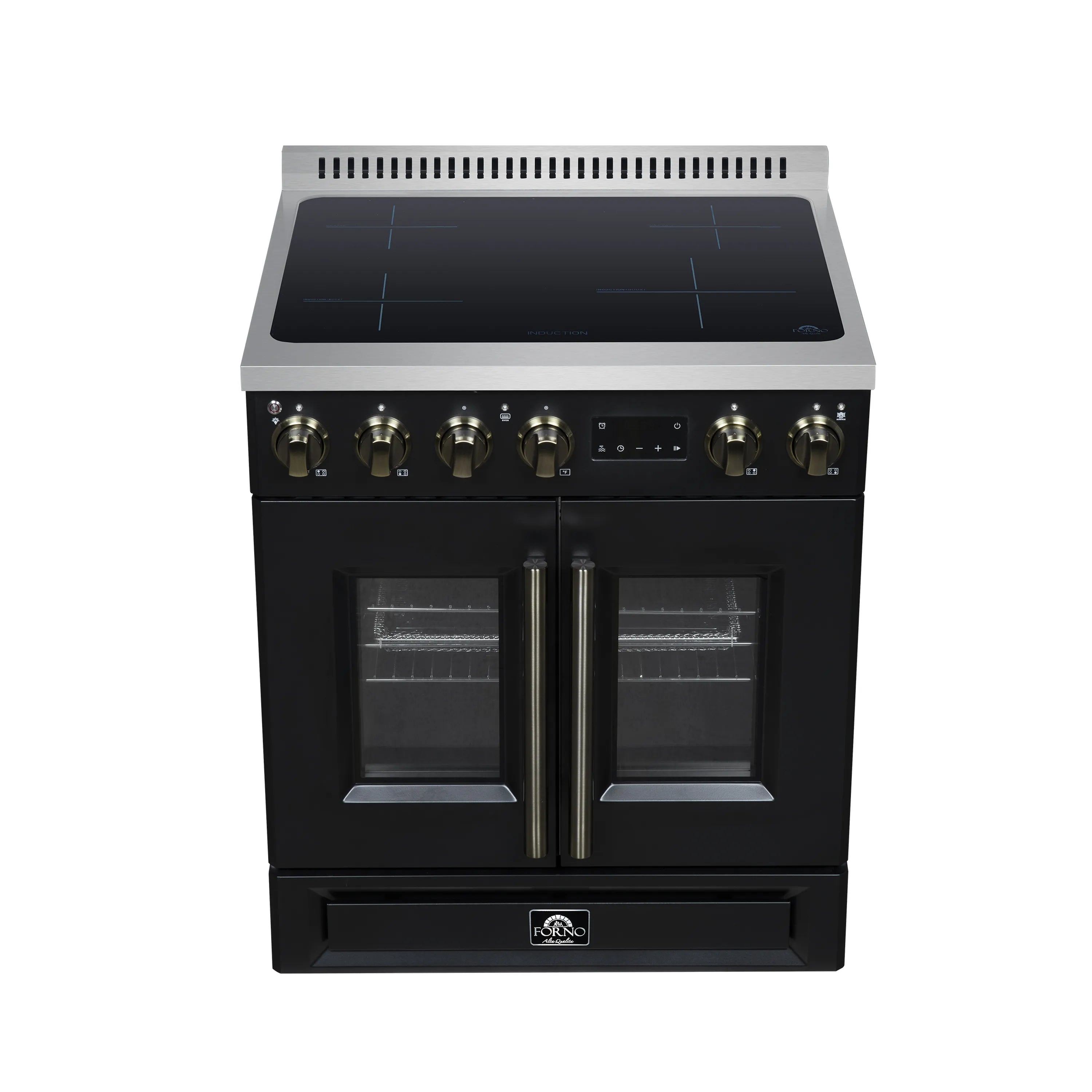 Black French door induction range with dual oven windows and brushed metal handles