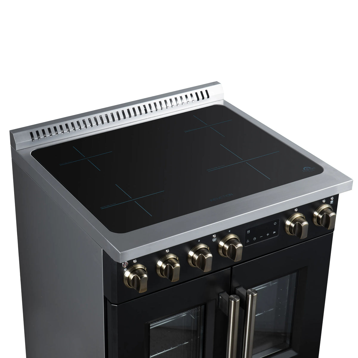 Black induction cooktop range with four control knobs and stainless vent trim