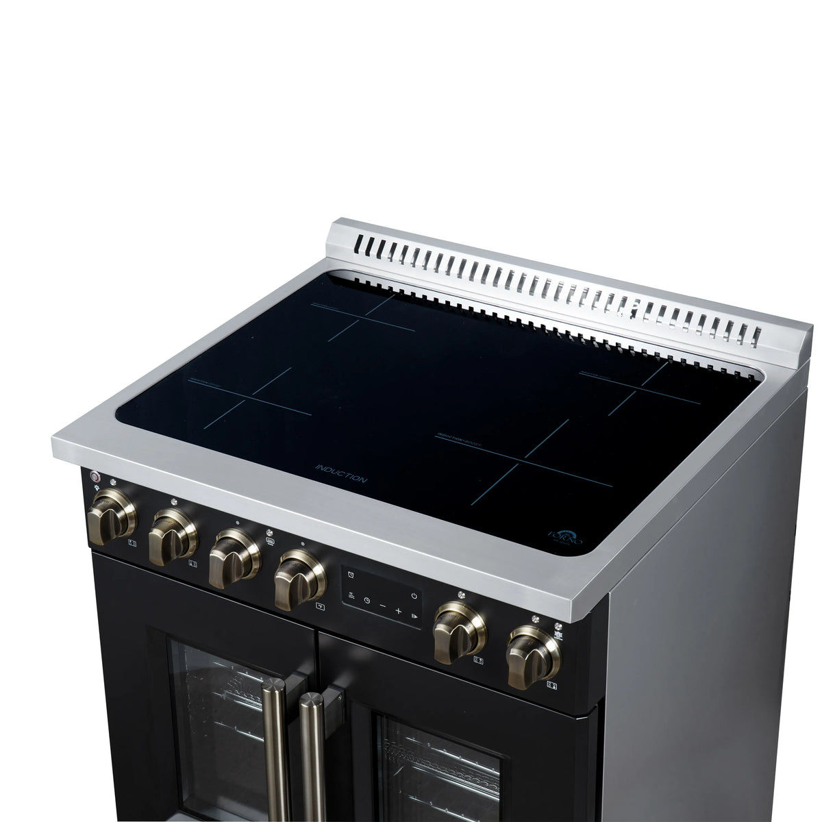 Black induction range with smooth cooktop and four front knobs above glass ovens