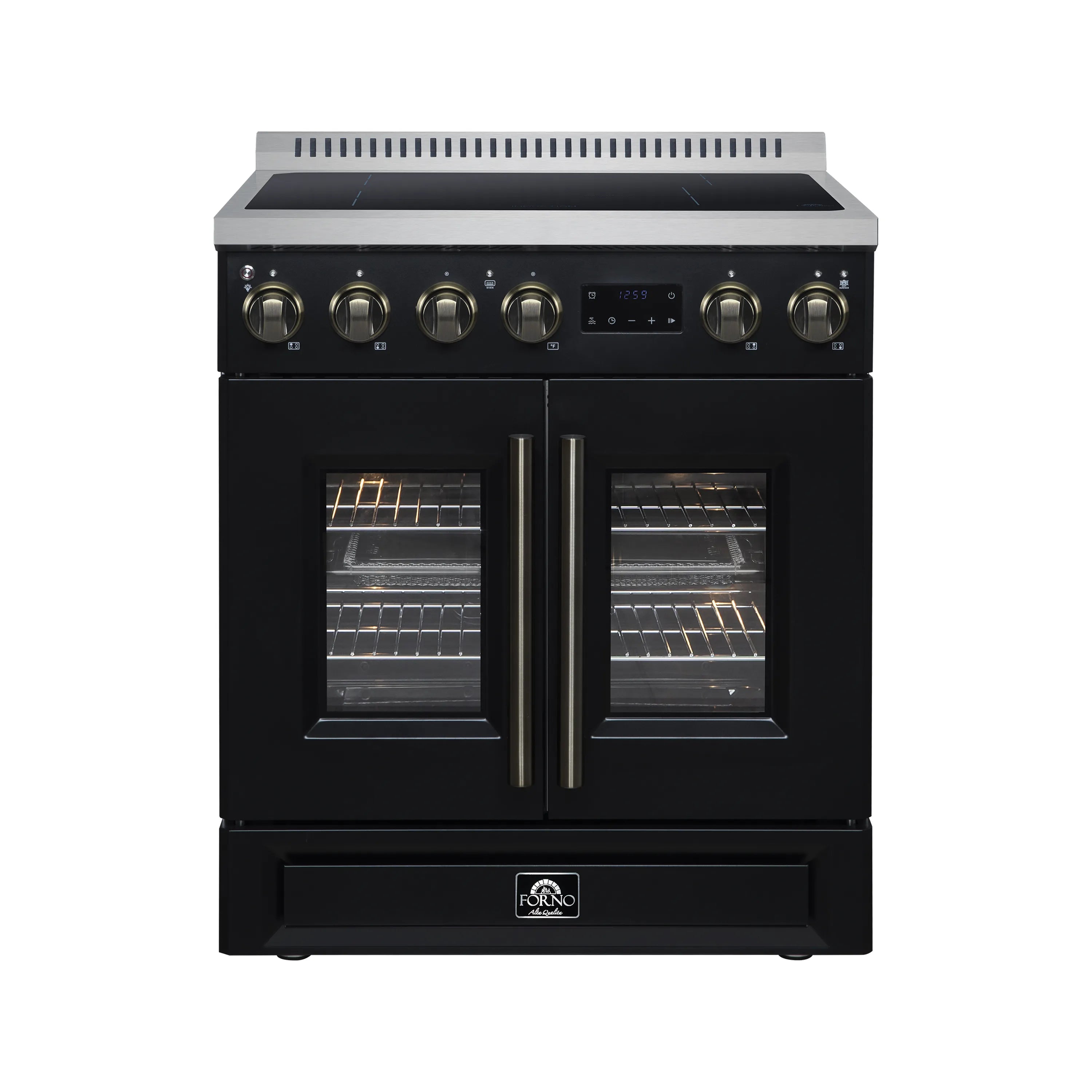 Black French door induction range with two glass oven doors and brushed metal handles
