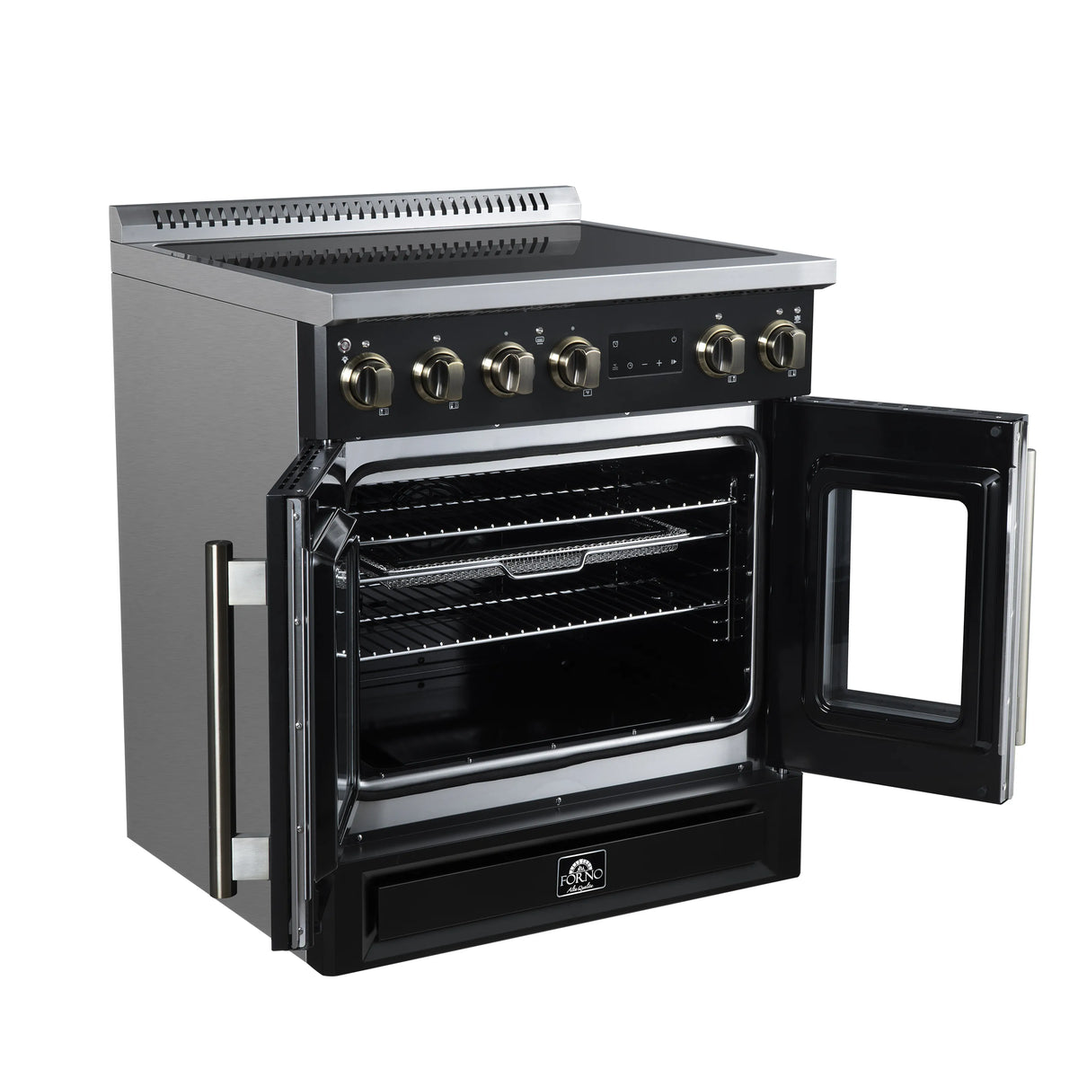 Black induction range with one oven door open and visible wire bake rack grid