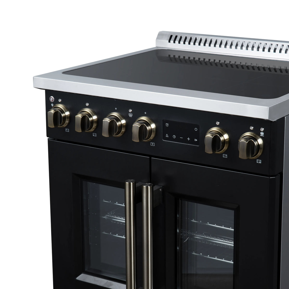 Black induction range with stainless griddle top and gold control knobs