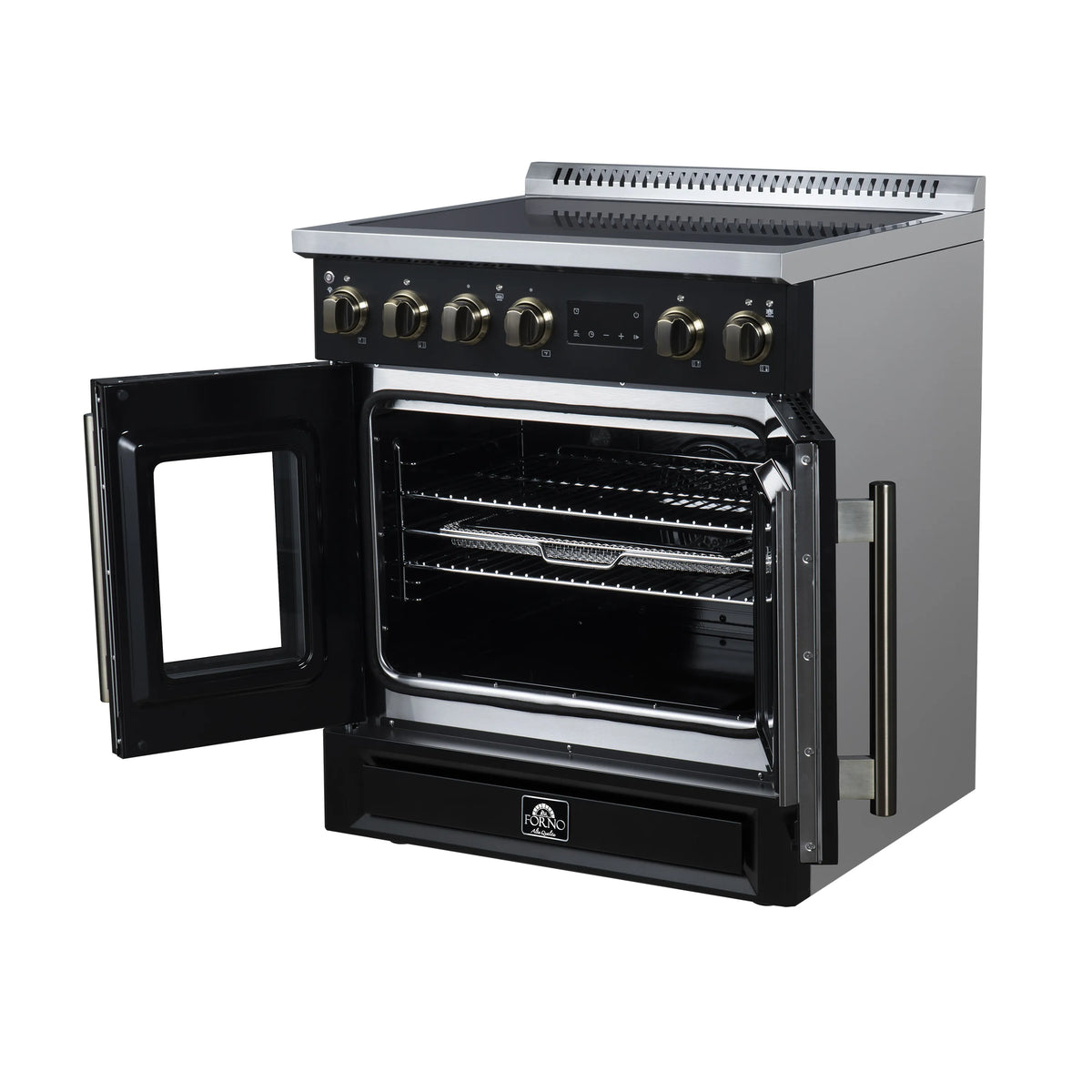 Black induction range with oven door open, showing wire racks and interior
