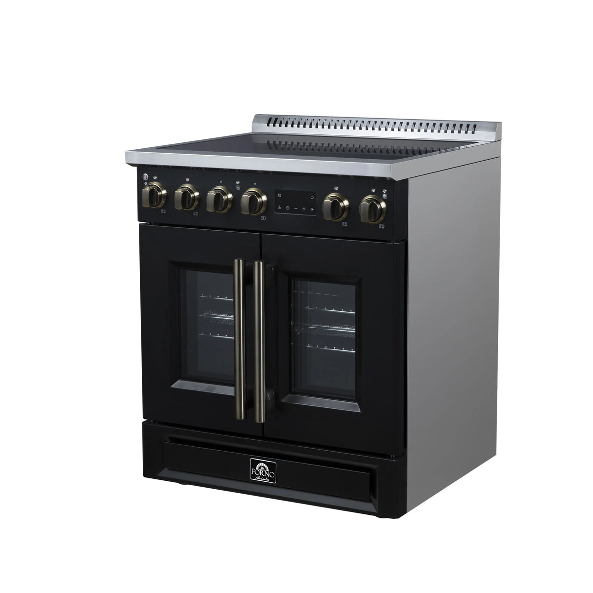 Black French-door induction range with gold control knobs and stainless top griddle