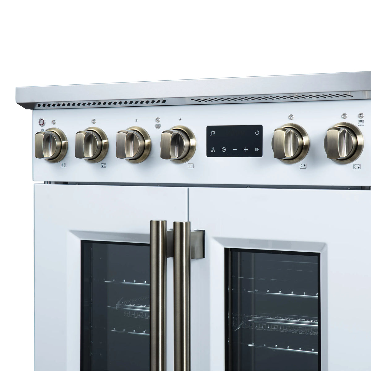 White French door induction range with knob controls and stainless double oven handles