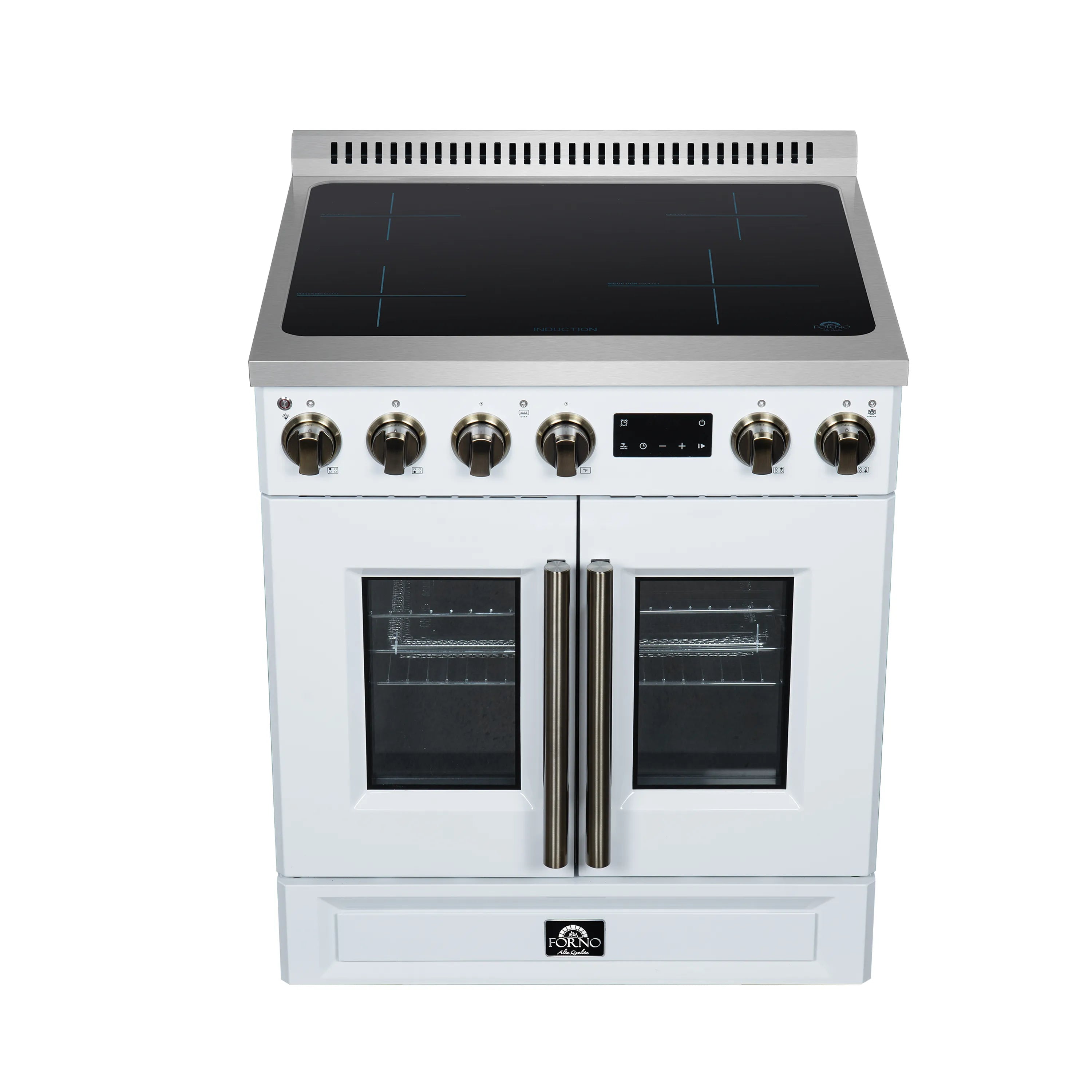 White induction range front with black cooktop glass and stainless center handle