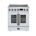 FORNO Torino 30-Inch 4.32 Cu. Ft. French Door Induction Range with True Convection, Air Fry and Sous Vide in White with Antique Brass Trim, 240V (FFSIN0950-30WHT)