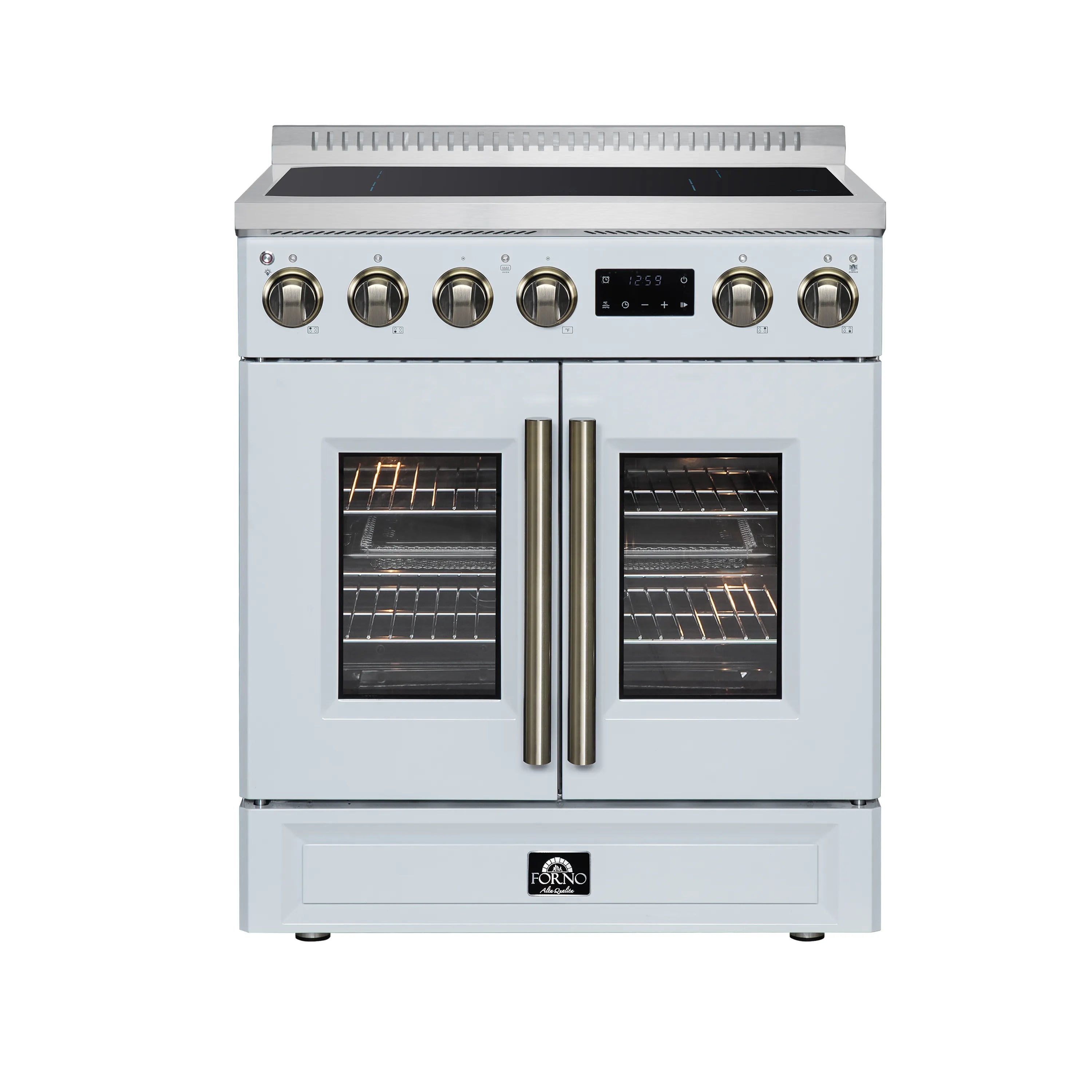 White 30-inch induction range with French doors and stainless control knobs