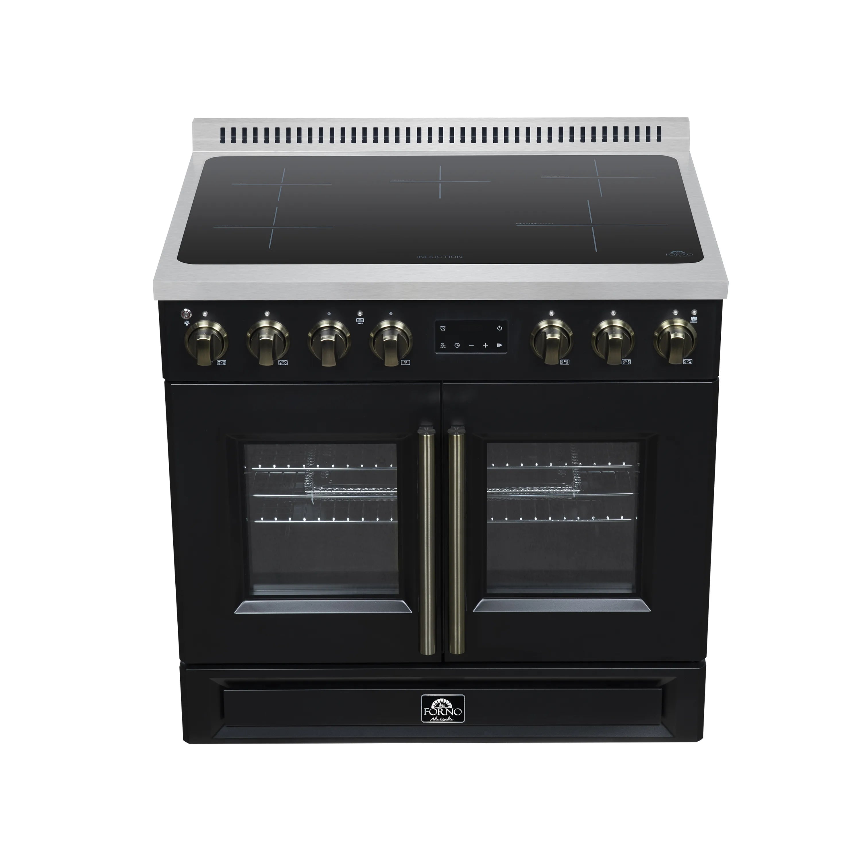 Black French door induction range with brass knobs and glass oven windows