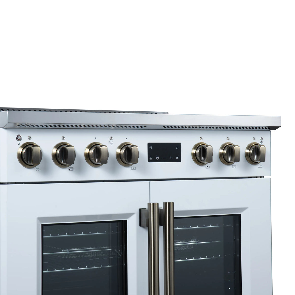 White induction range control panel with round knobs and digital display