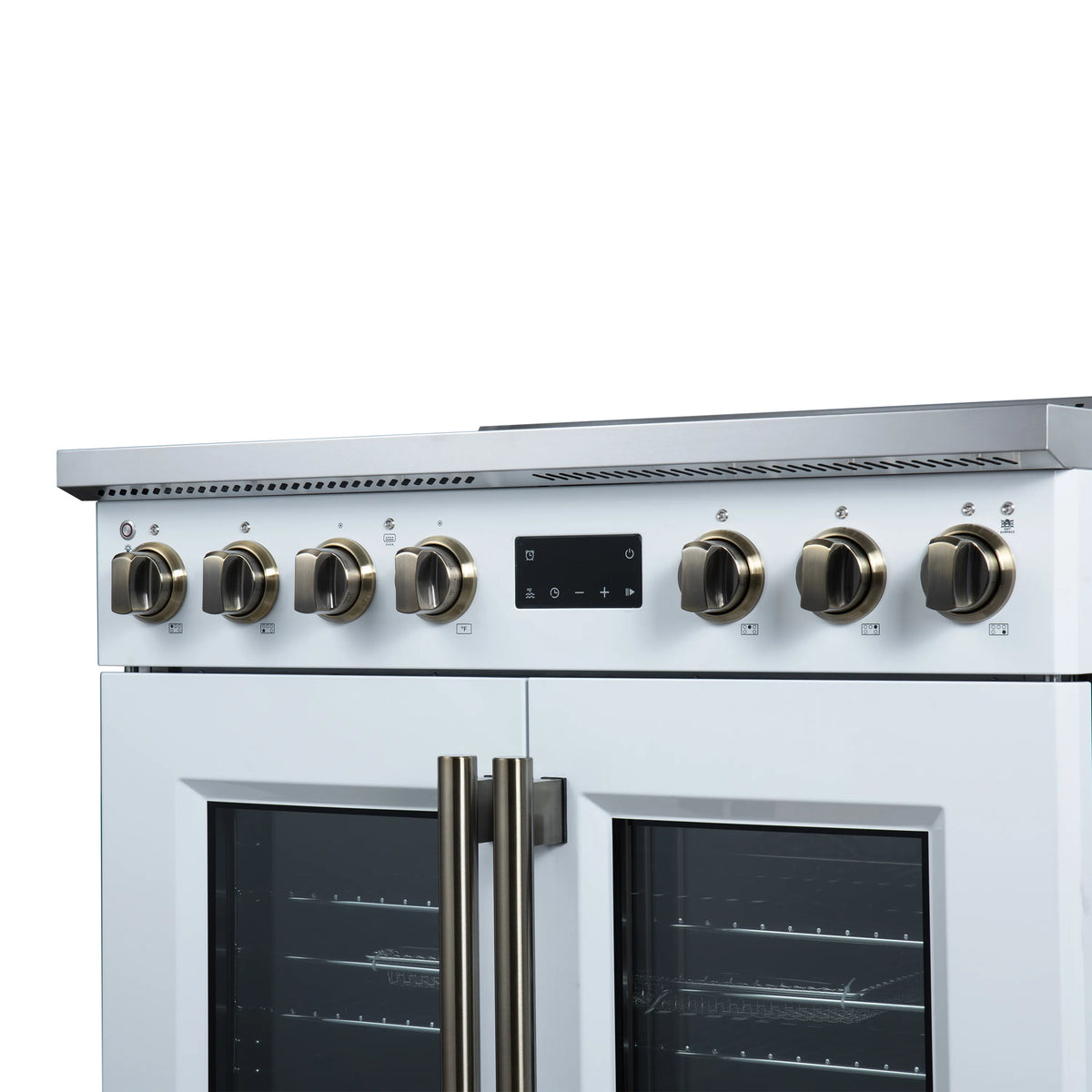 White induction range cooktop with multiple round knobs and center display