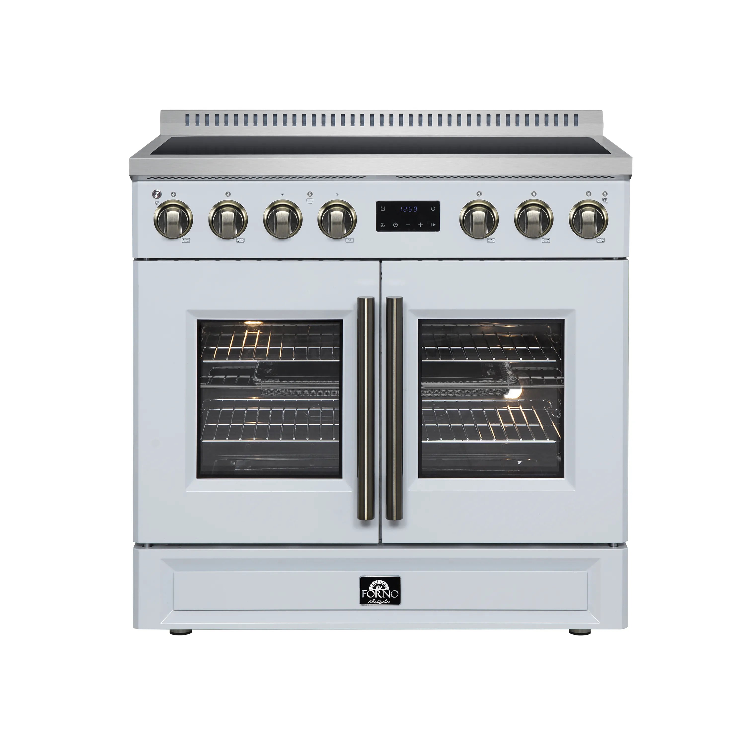 White French door induction range with twin oven windows and stainless control knobs