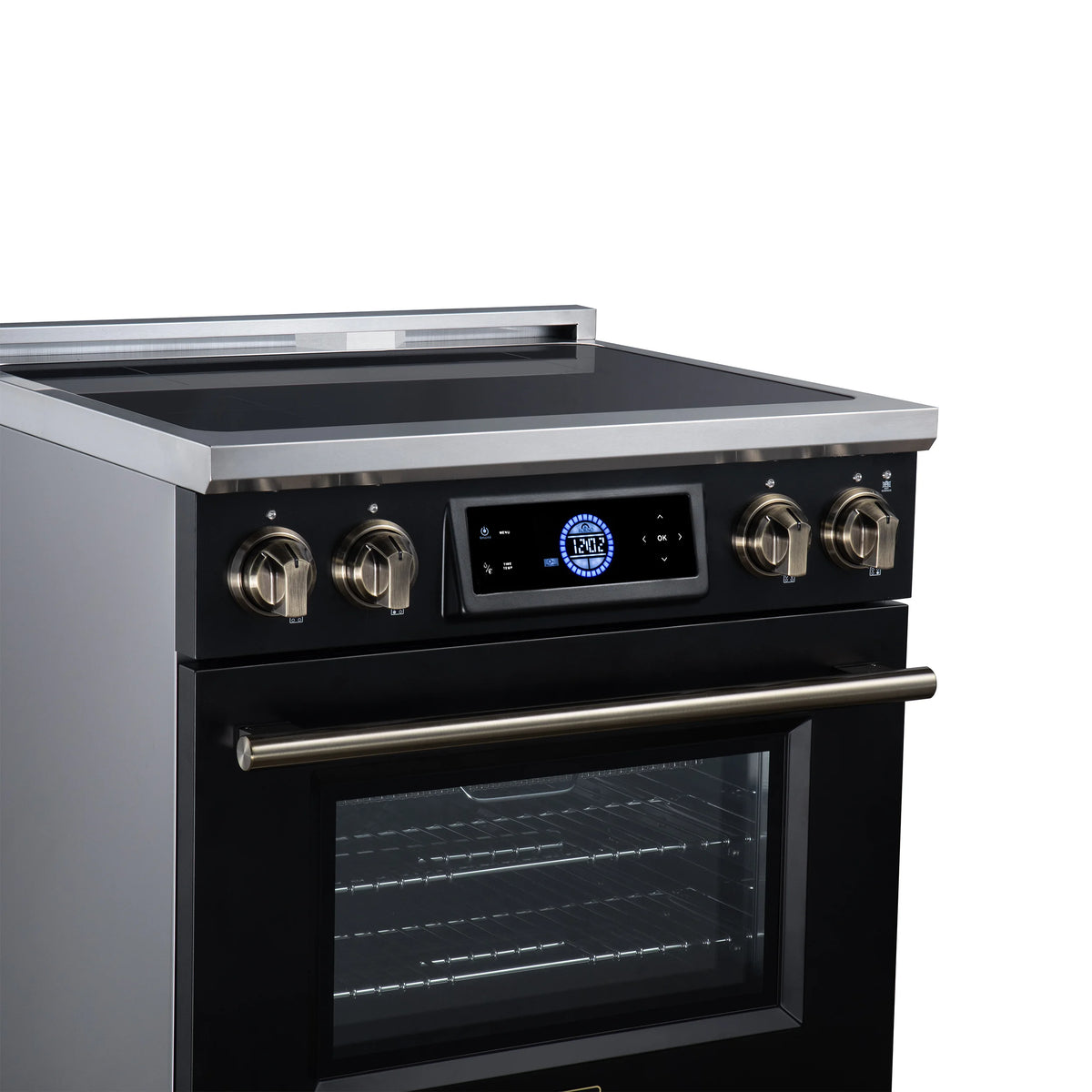 Forno Maximus 30-inch black induction range FFSIN0968-30BLK, close-up of the antique brass knobs and handle from the left