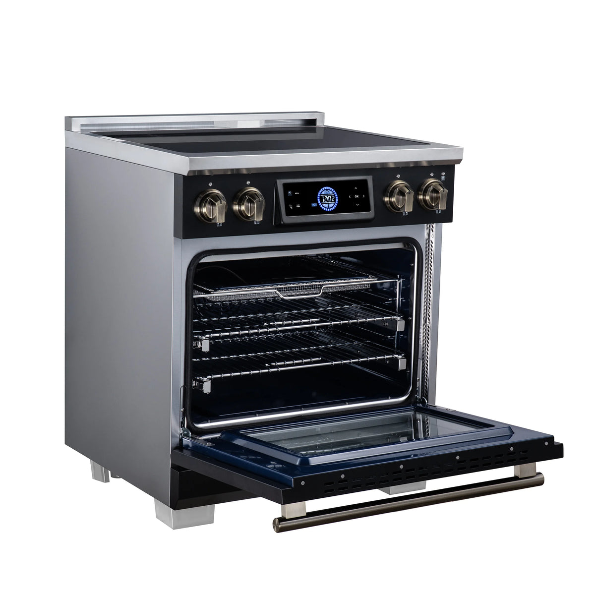 Forno Maximus 30-inch black induction range FFSIN0968-30BLK, left angle view with the oven door open