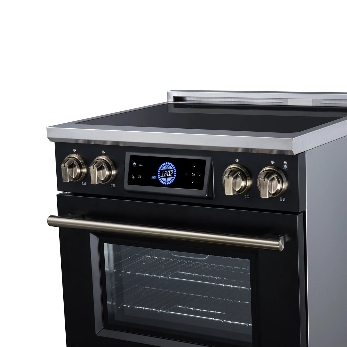 Forno Maximus 30-inch black induction range FFSIN0968-30BLK, close-up of the antique brass knobs and handle from the right