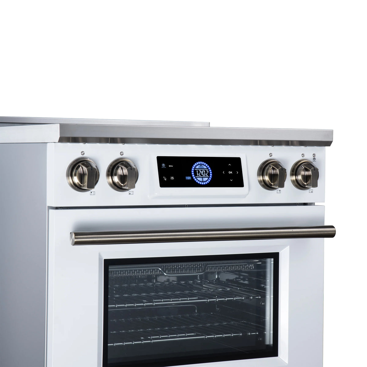 Forno Maximus 30-inch white induction range FFSIN0968-30WHT, digital control panel and illuminated antique brass knobs from the left