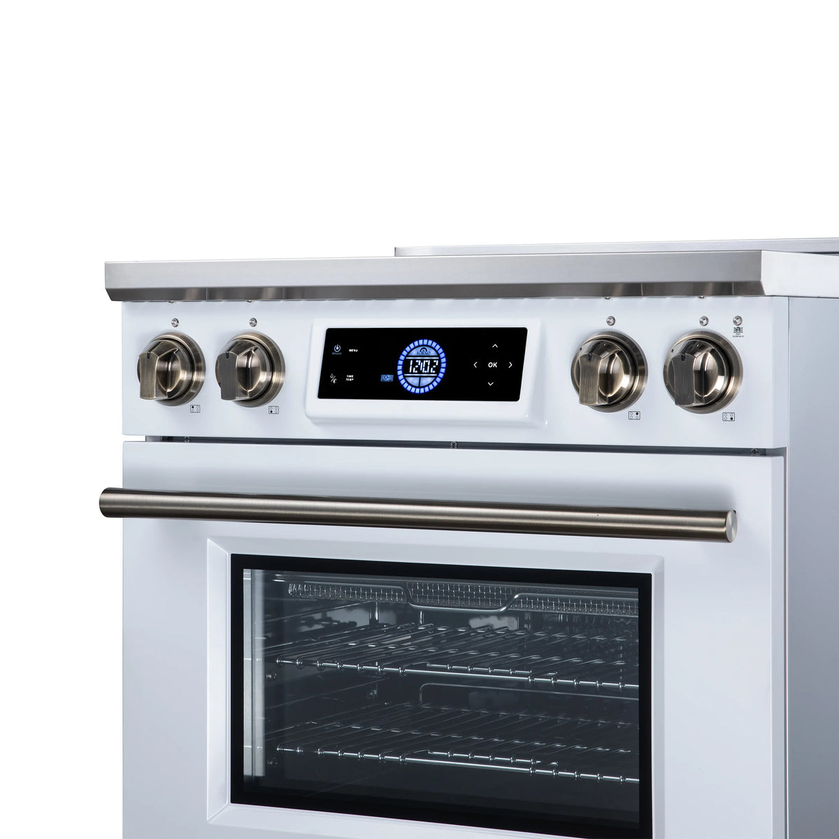 Forno Maximus 30-inch white induction range FFSIN0968-30WHT, digital control panel and illuminated antique brass knobs from the right