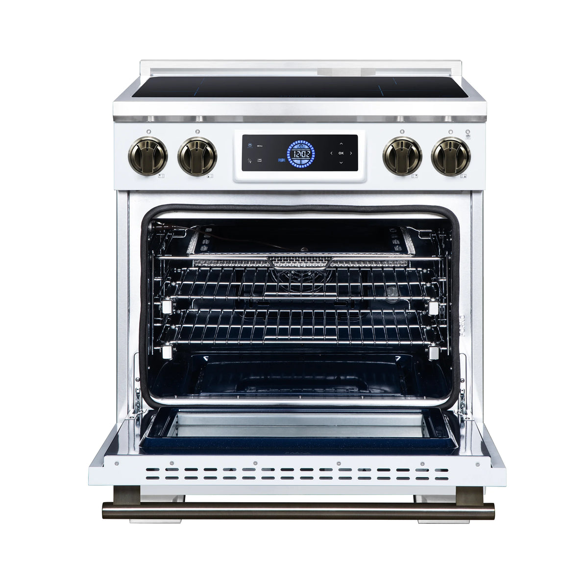 Forno Maximus 30-inch white induction range FFSIN0968-30WHT, front view with the oven door open