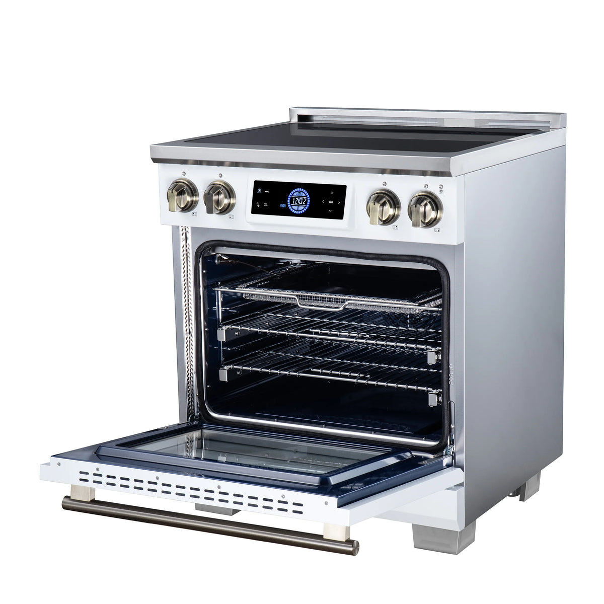 Forno Maximus 30-inch white induction range FFSIN0968-30WHT, right angle view with the oven door open