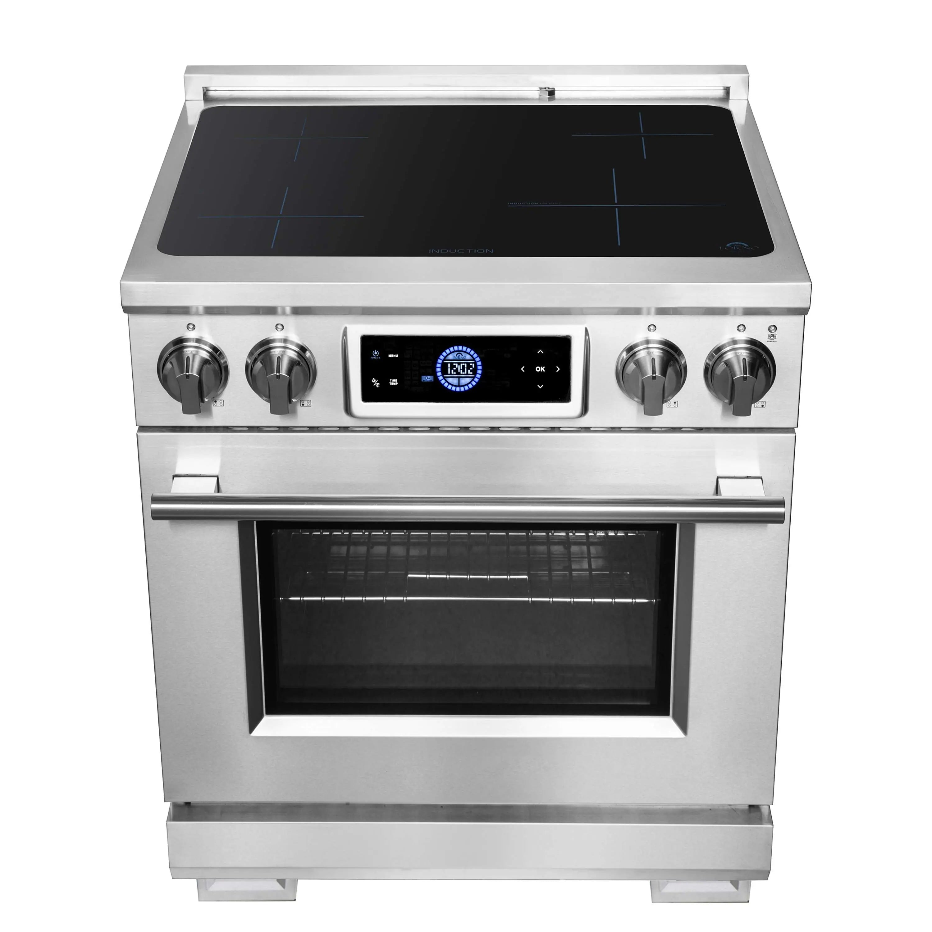 Stainless induction range with black glass cooktop, display, knobs, and oven door