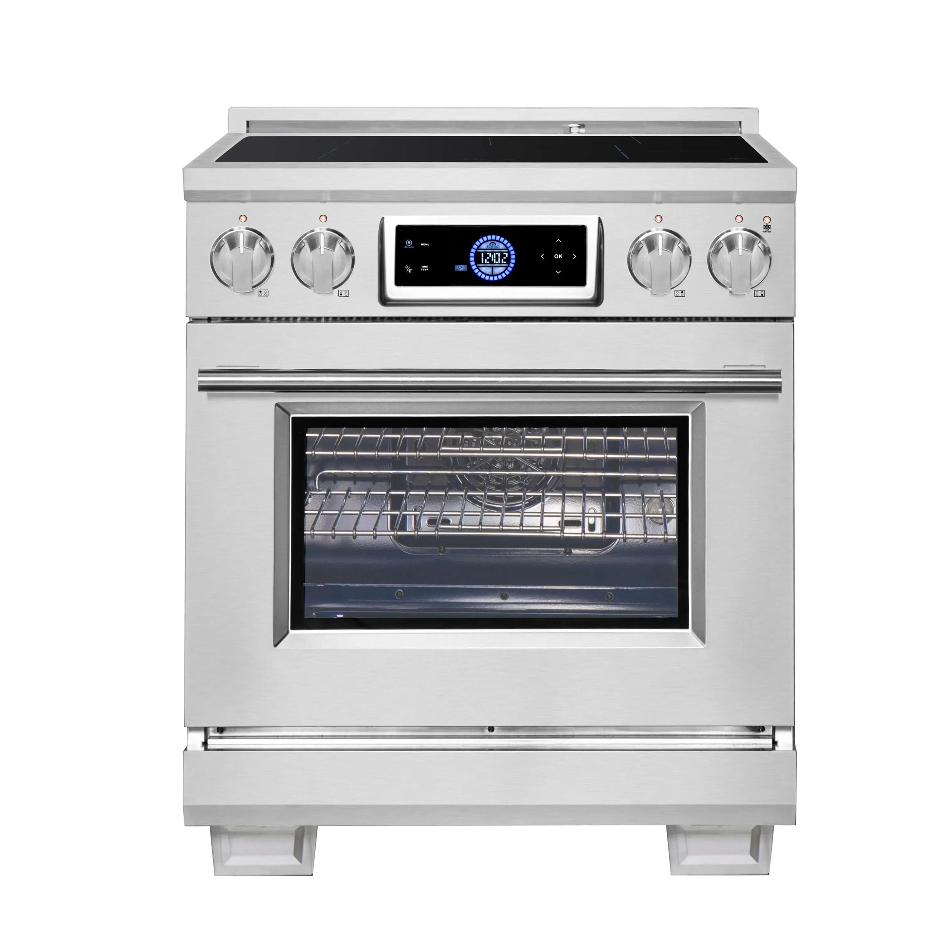 Stainless steel induction range with windowed oven door and four control knobs