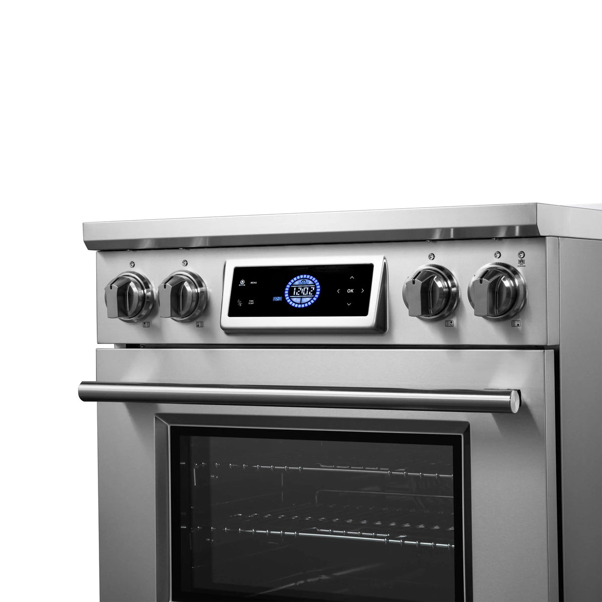 Stainless steel induction range front panel with four knobs and oven window