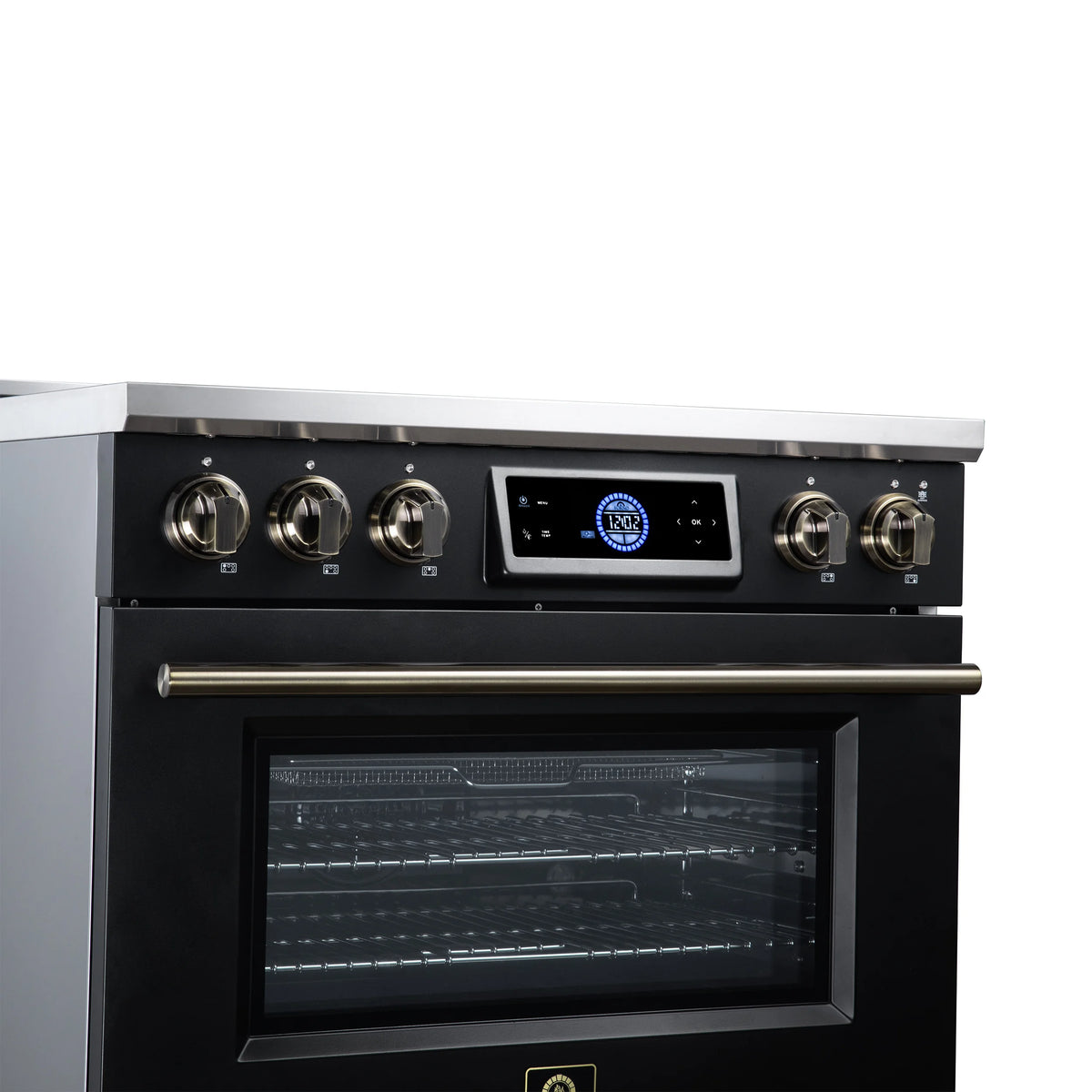 Forno Maximus 36-inch black induction range FFSIN0968-36BLK, digital control panel and illuminated antique brass knobs from the left