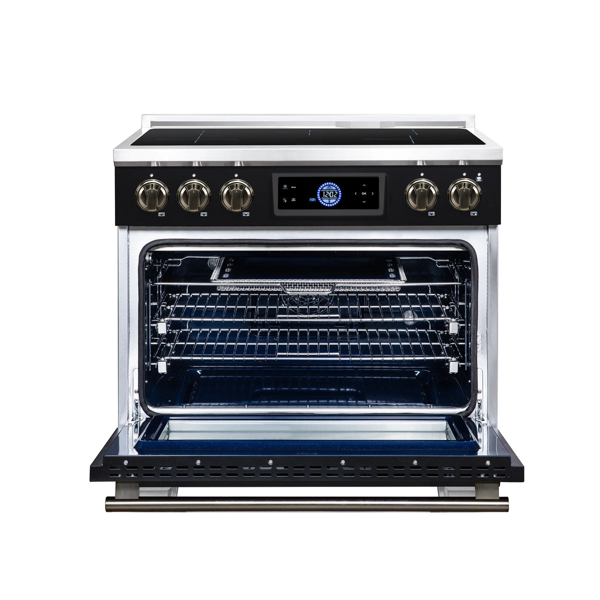 Forno Maximus 36-inch black induction range FFSIN0968-36BLK, front view with the oven door open