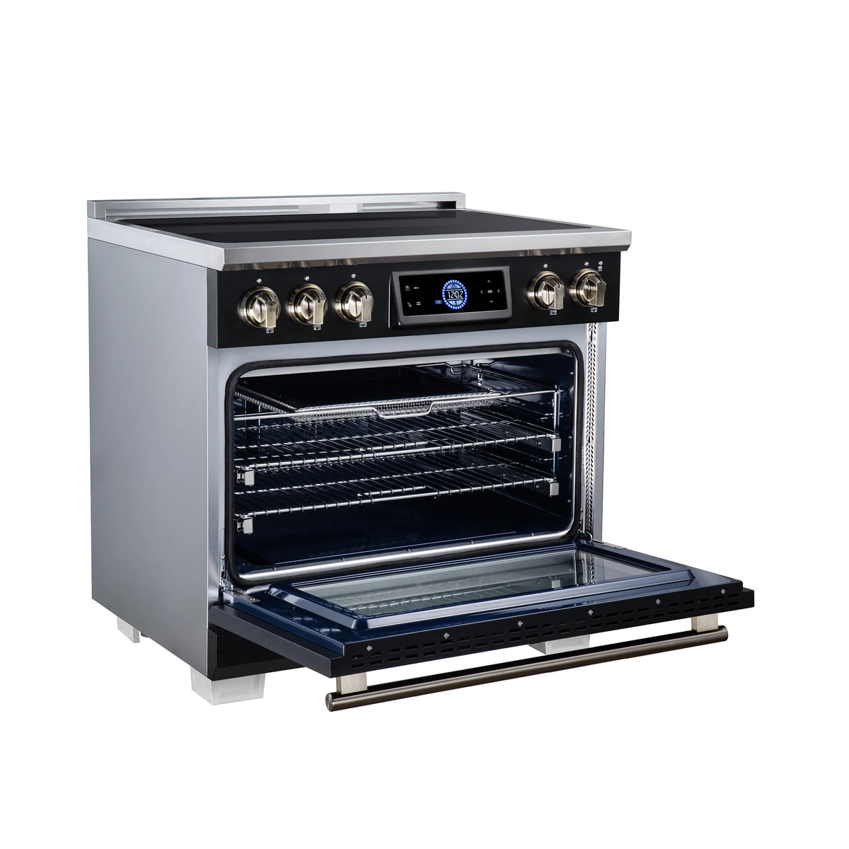 Forno Maximus 36-inch black induction range FFSIN0968-36BLK, left angle view with the oven door open