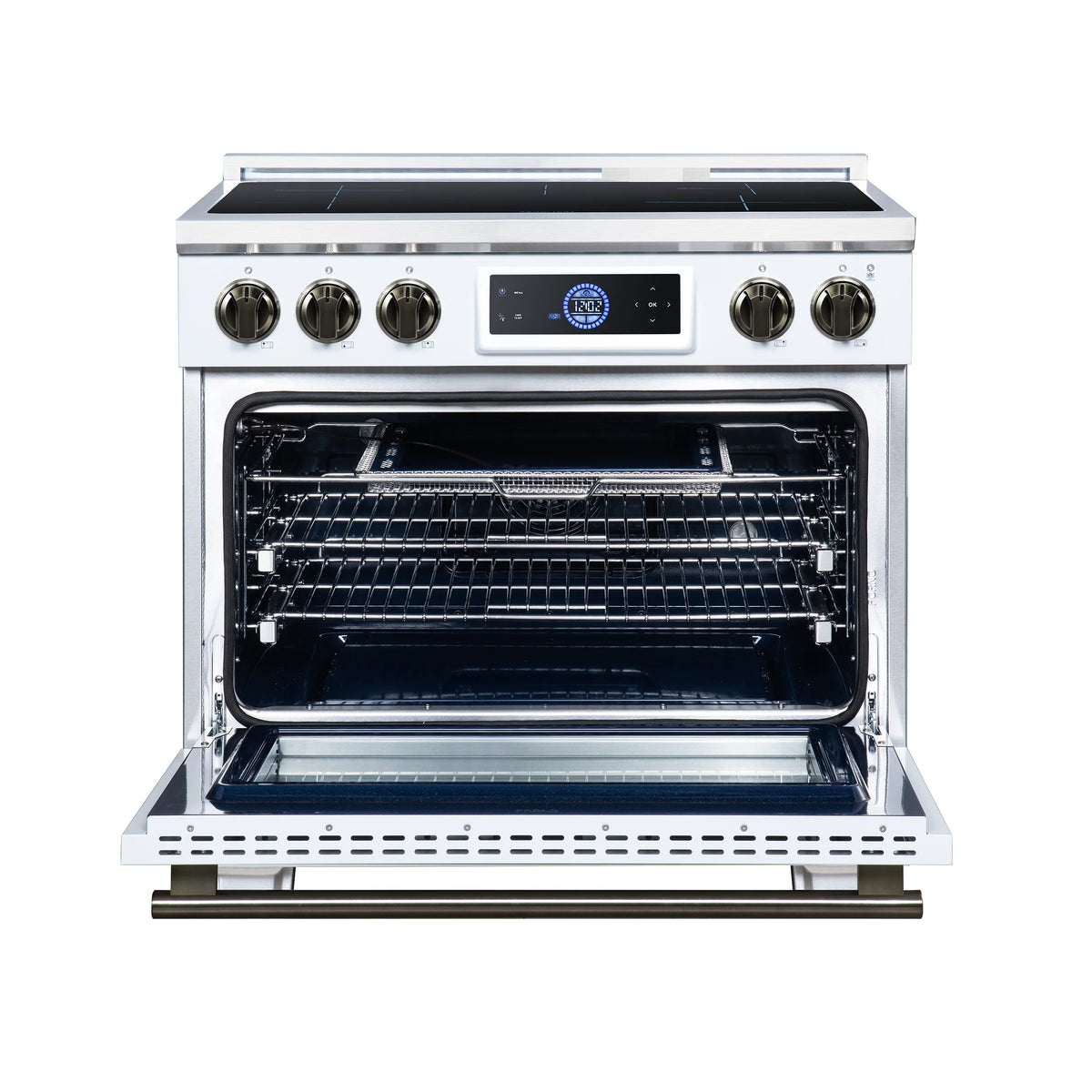 Forno Maximus 36-inch white induction range FFSIN0968-36WHT, front view with the oven door open