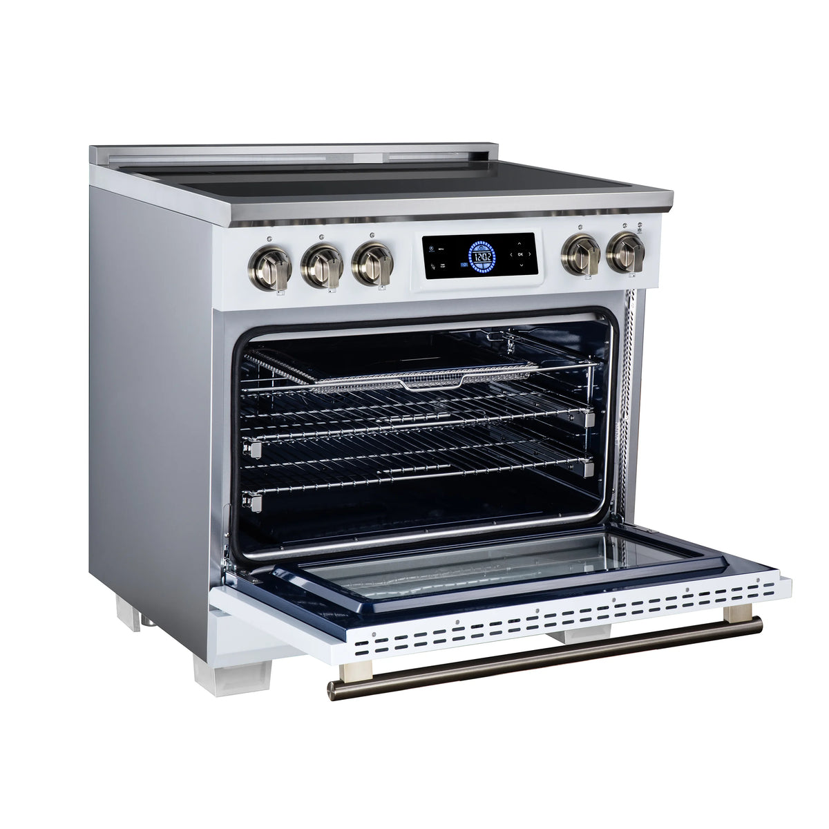 Forno Maximus 36-inch white induction range FFSIN0968-36WHT, left angle view with the oven door open
