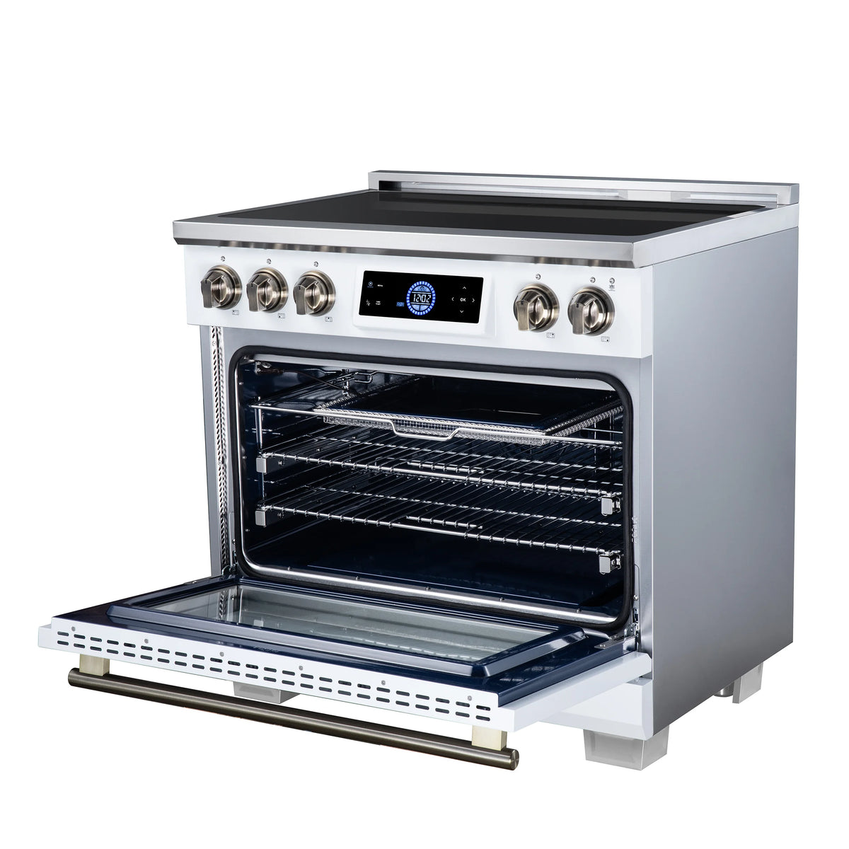 Forno Maximus 36-inch white induction range FFSIN0968-36WHT, right angle view with the oven door open